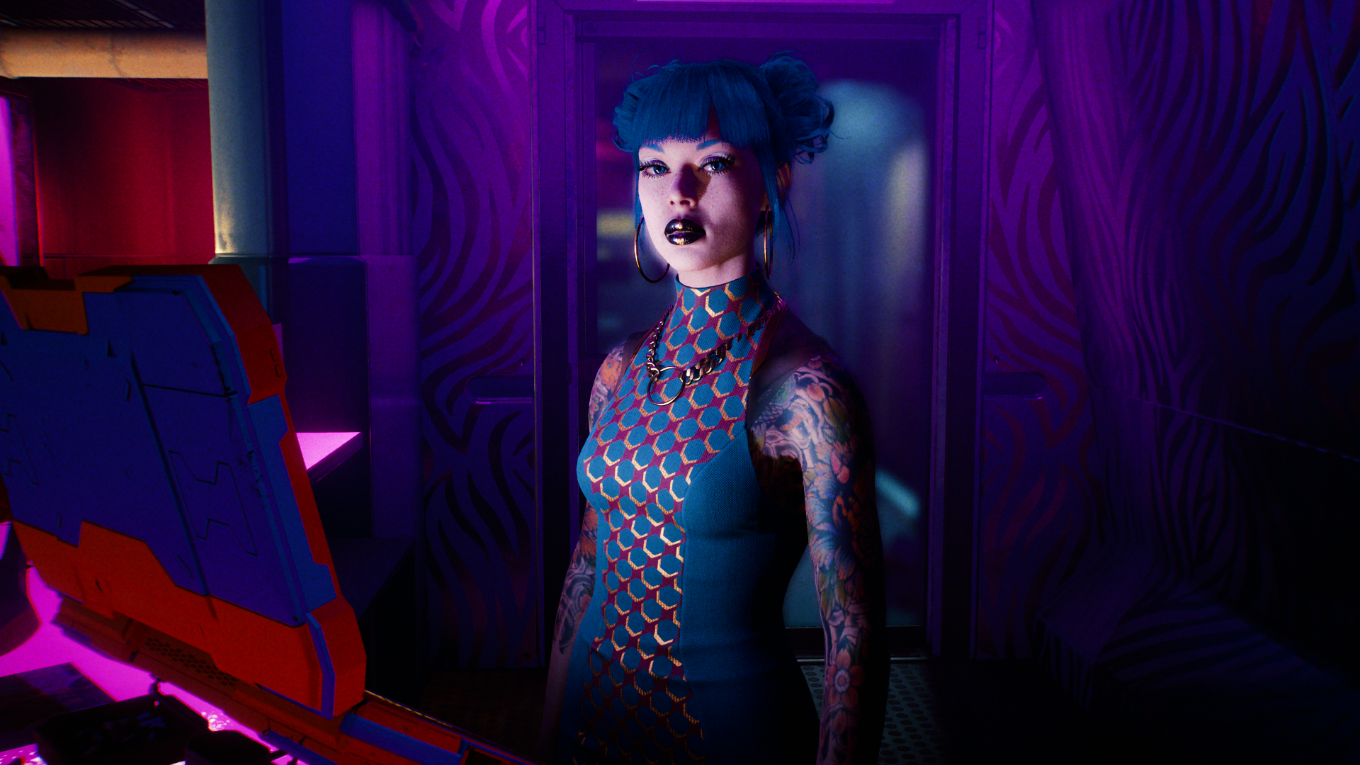 Woman with blue hair in Cyberpunk 2077 HD Wallpaper