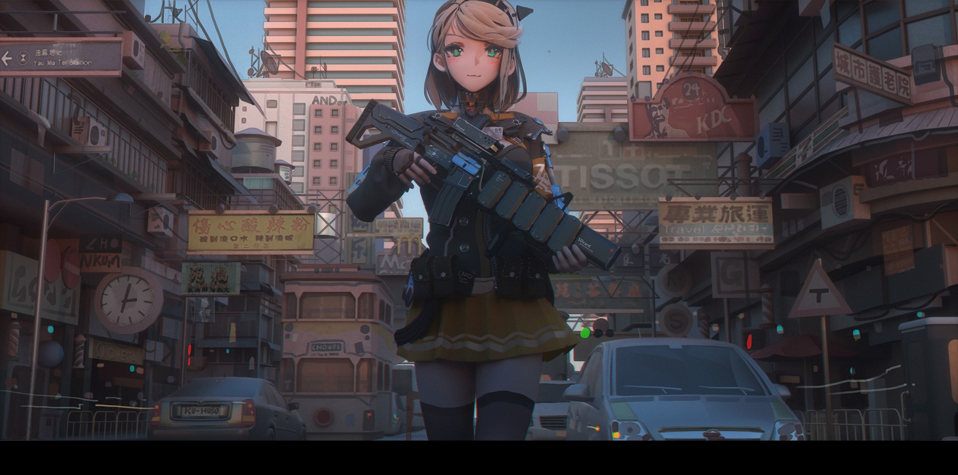 Anime girl with weapon in urban street HD Wallpaper