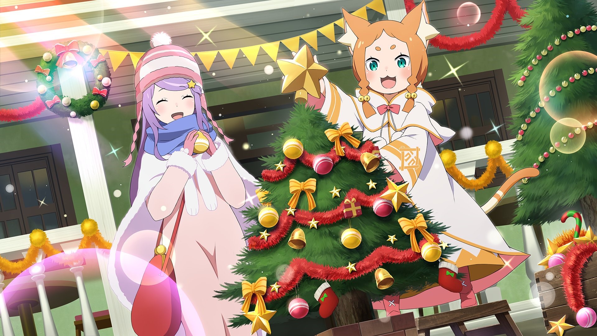 Anastasia Hoshin and Emilia from Re:Zero decorating a Christmas tree HD Wallpaper