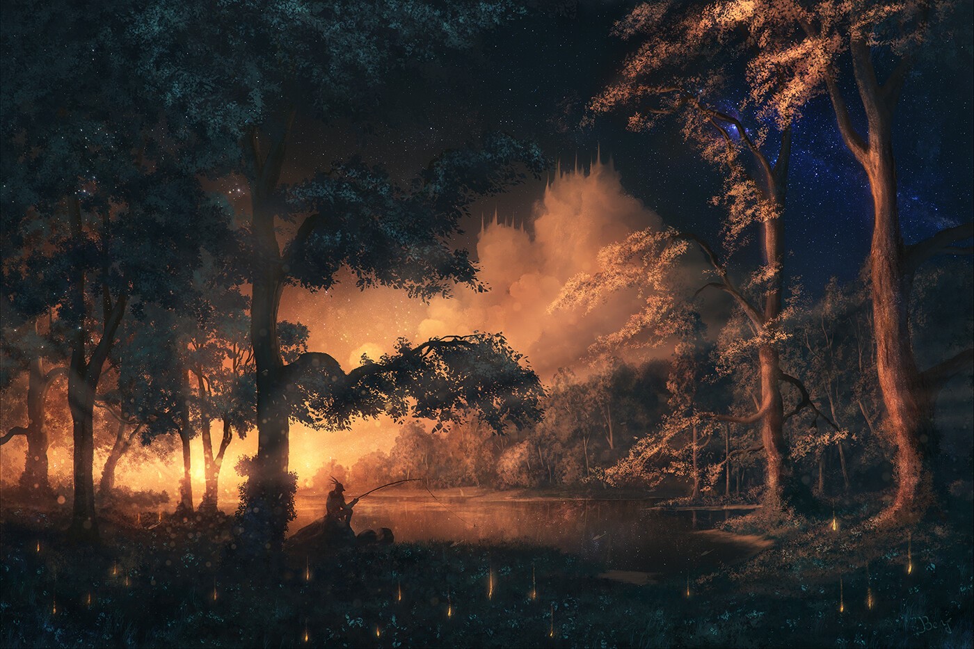 Fantasy art of a person fishing by a lake at night HD Wallpaper