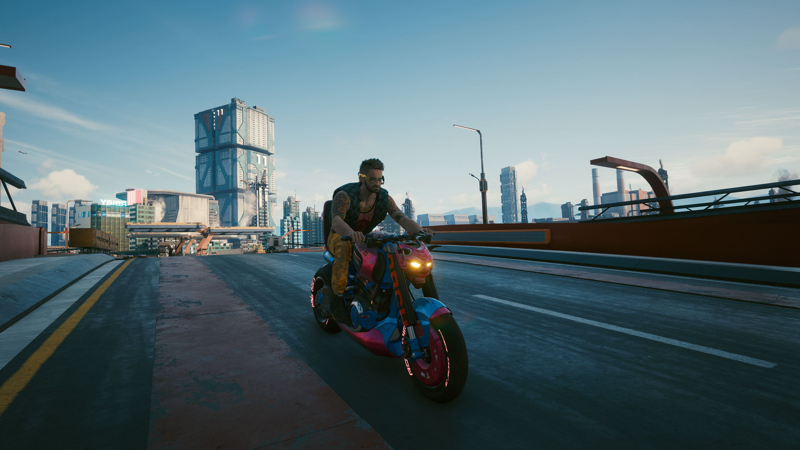 Man riding a motorcycle in Cyberpunk 2077 HD Wallpaper