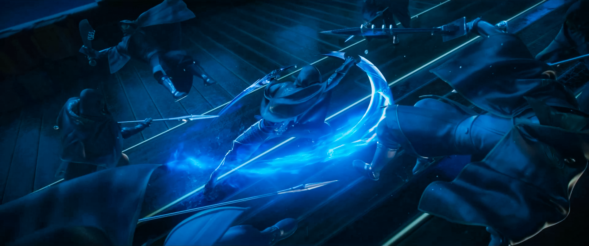 Characters from Arena of Valor fighting with blue energy HD Wallpaper