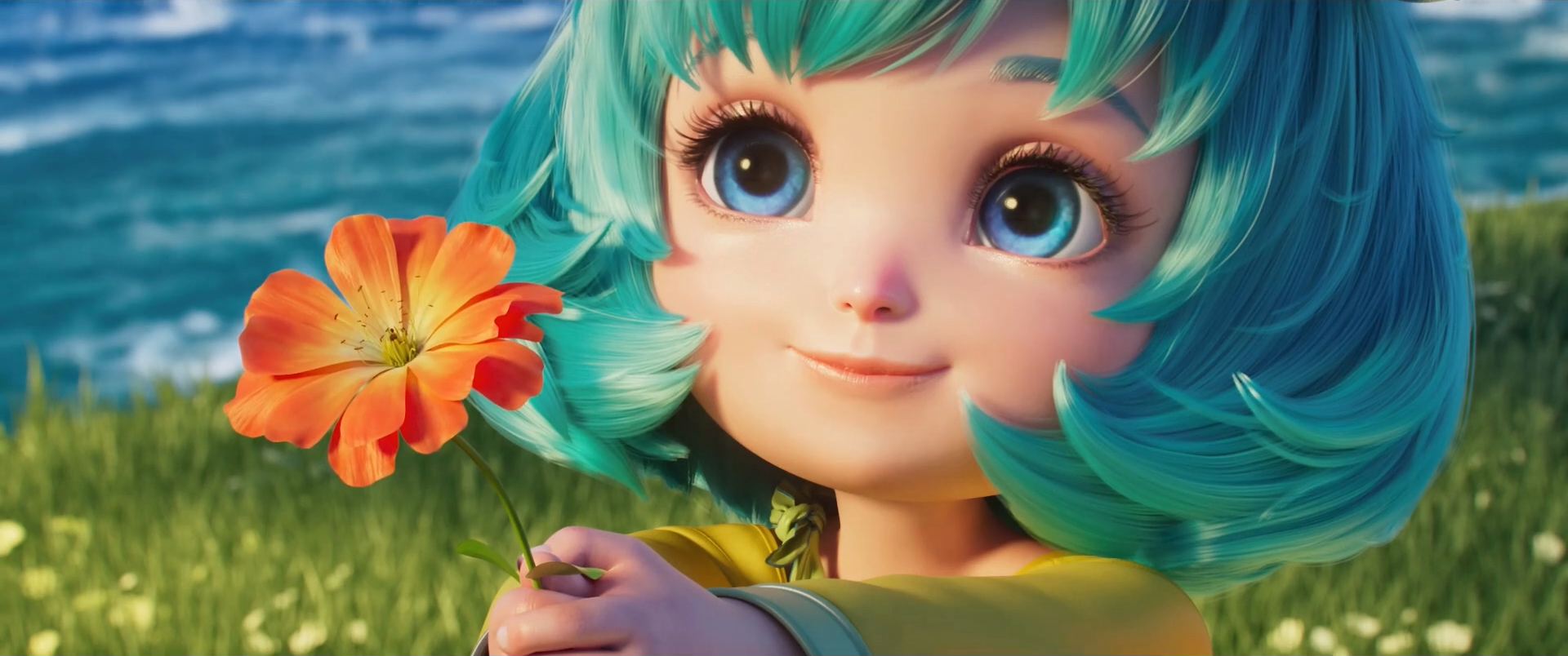 Girl with aqua hair holding an orange flower HD Wallpaper