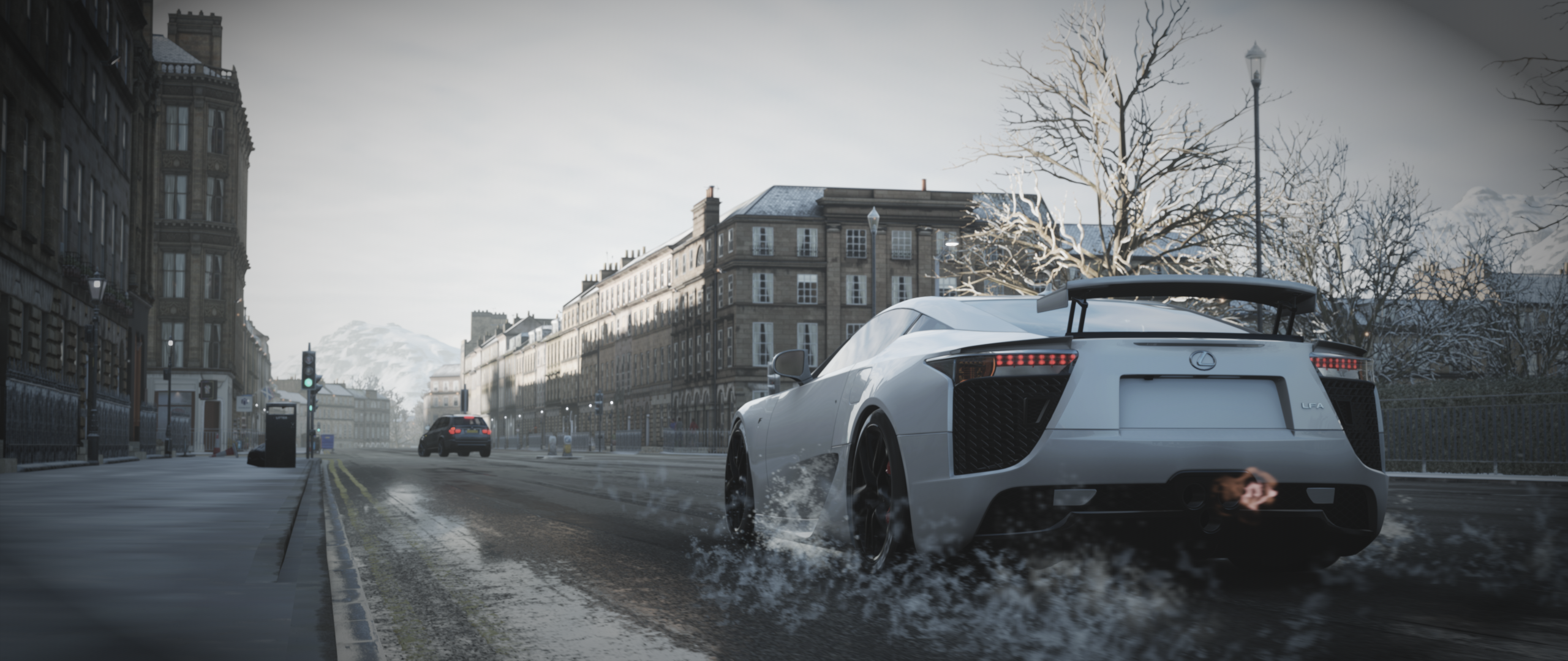 White Lexus LFA driving on a snowy city street HD Wallpaper