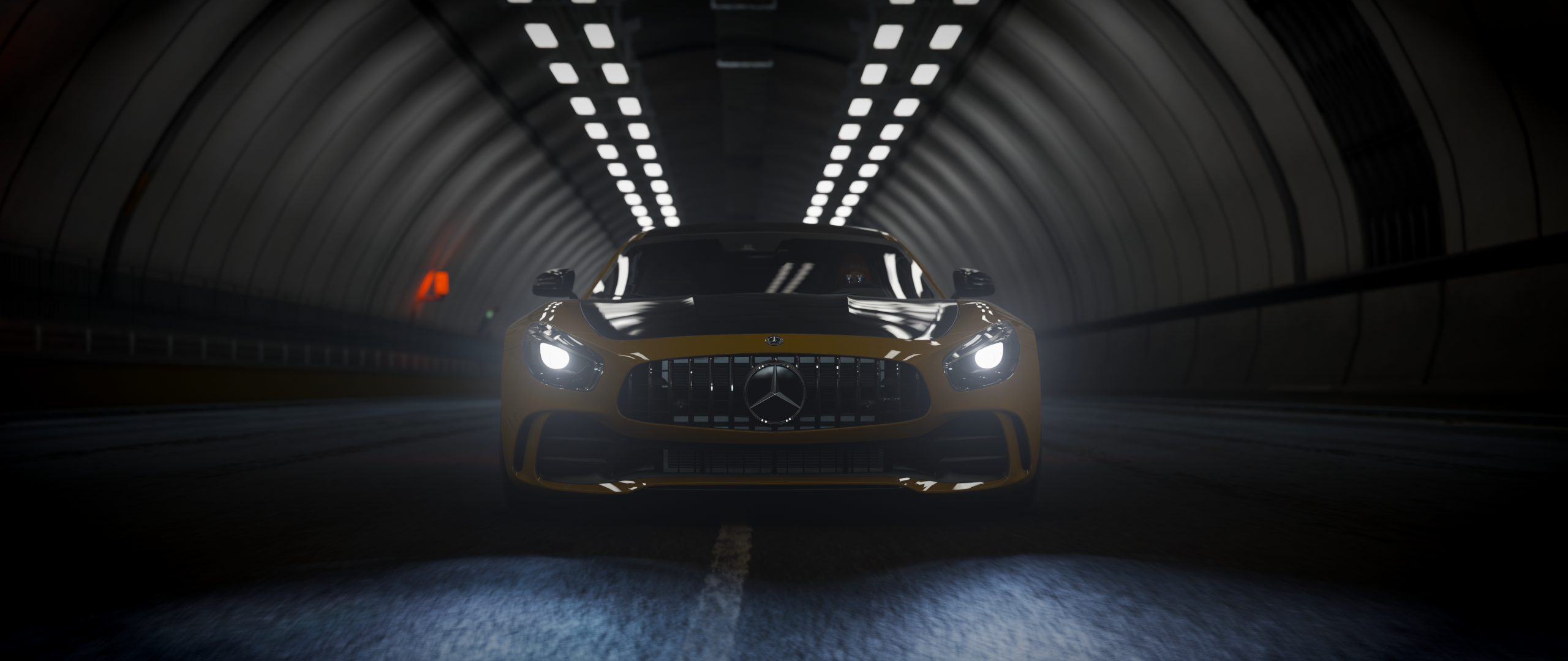 Yellow Mercedes AMG driving through a tunnel HD Wallpaper