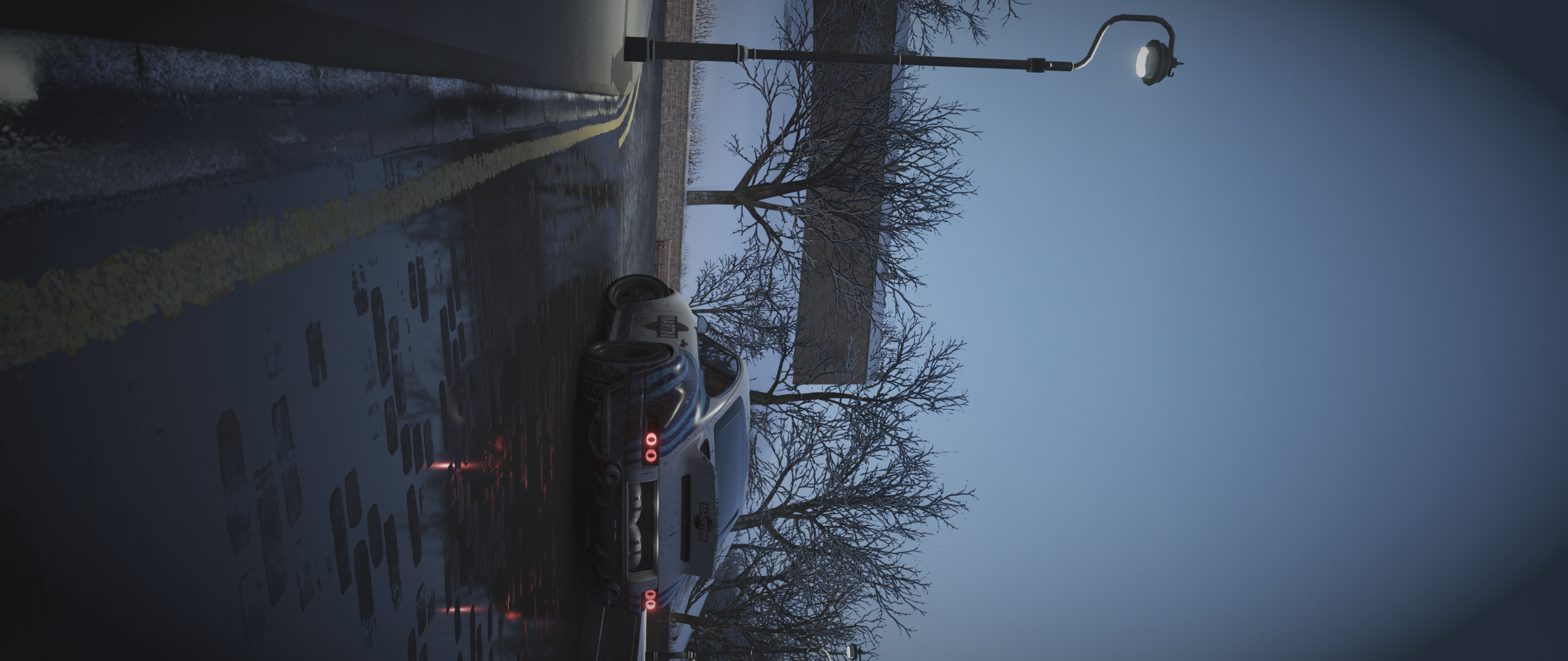 Car on a wet road at dusk HD Wallpaper