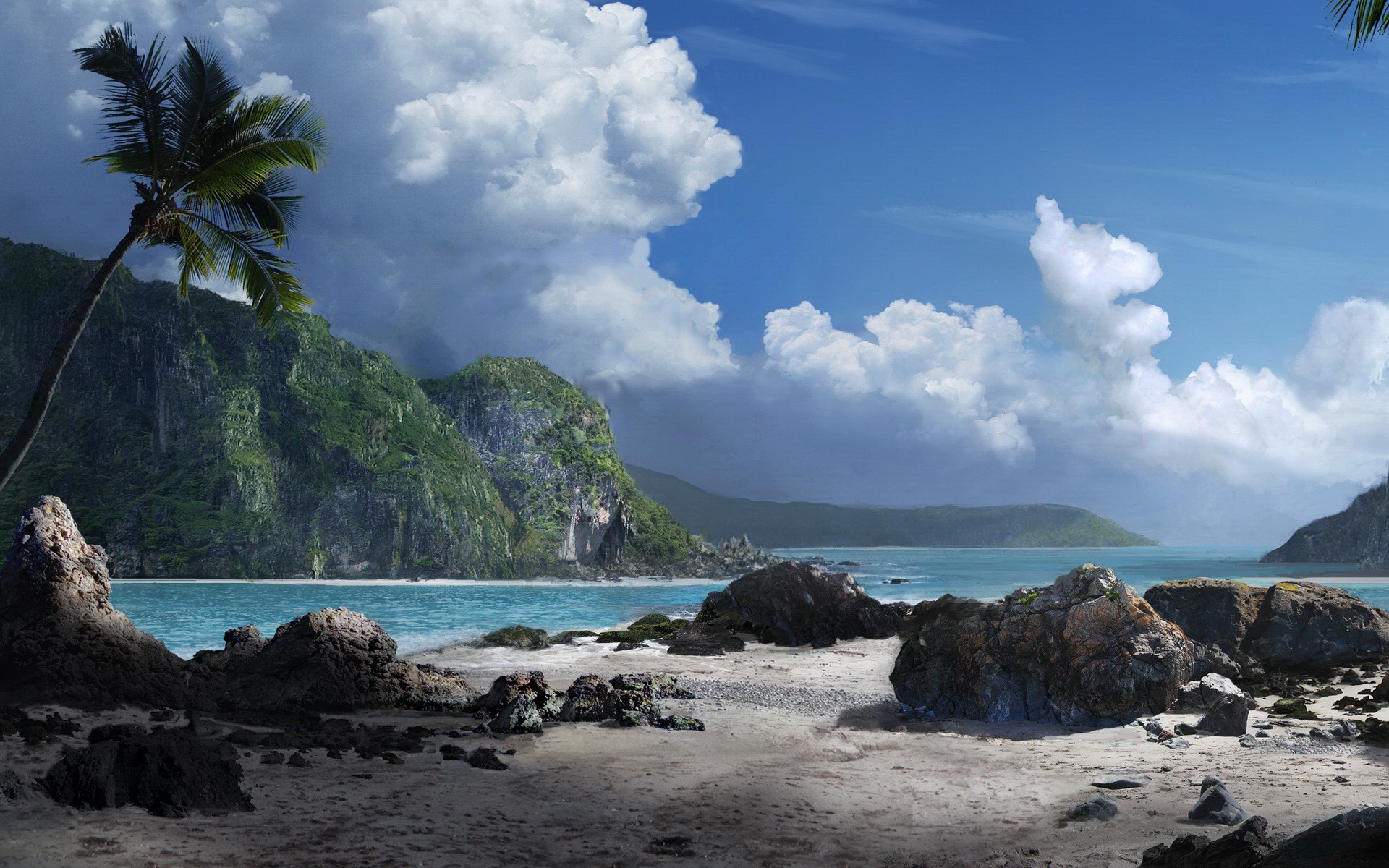 Tropical beach with rocky shore and mountains HD Wallpaper