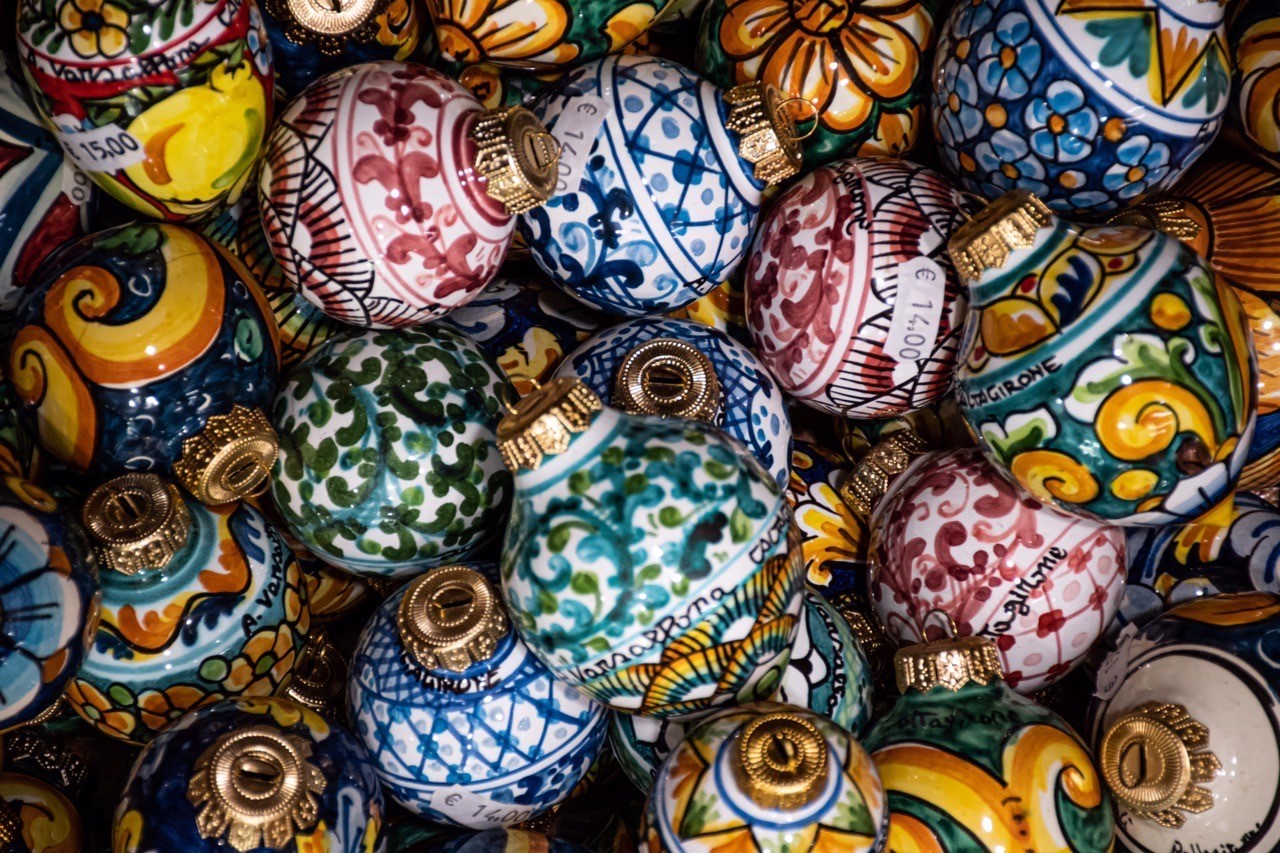 Colorful ceramic Christmas ornaments with intricate designs HD Wallpaper
