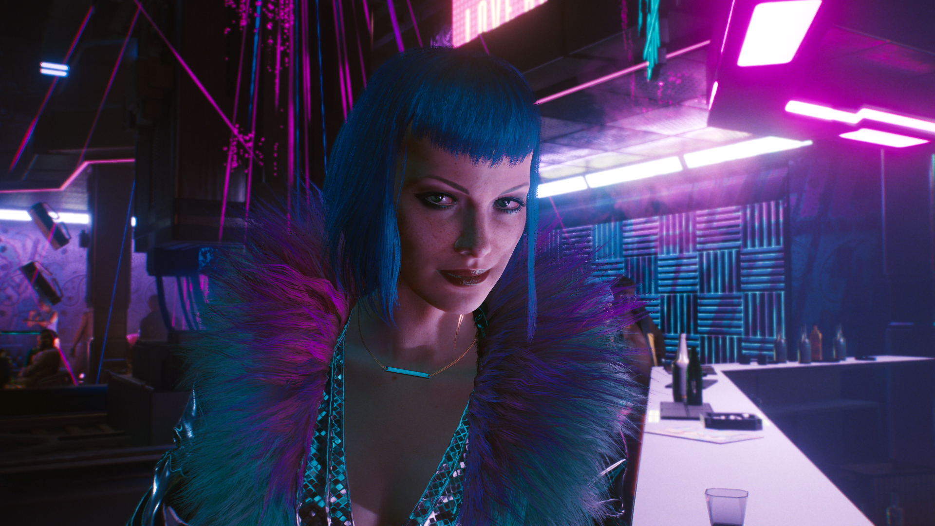 Woman with blue hair in Cyberpunk 2077 HD Wallpaper