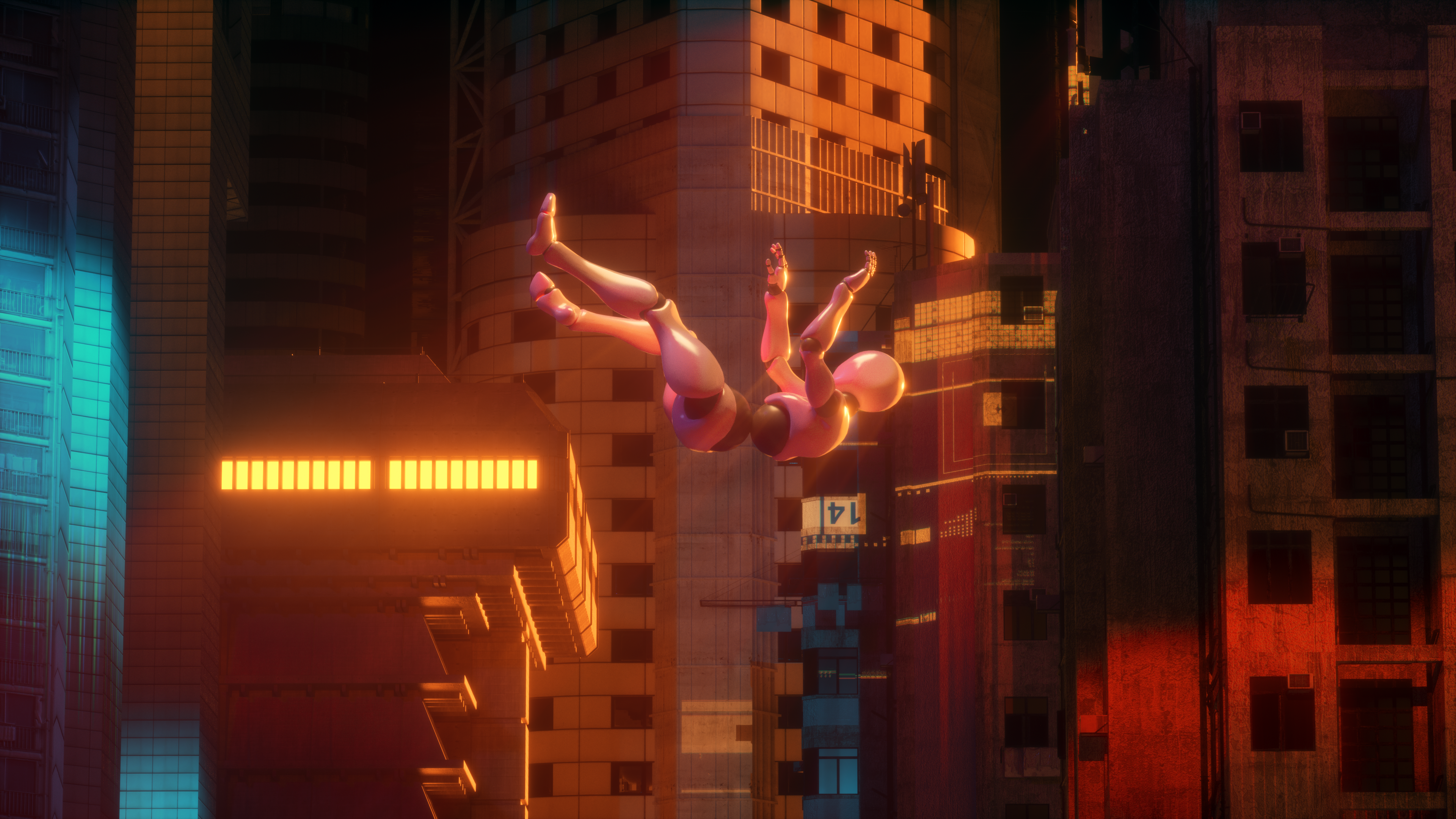 4K CGI artwork of a robot falling in a futuristic city HD Wallpaper