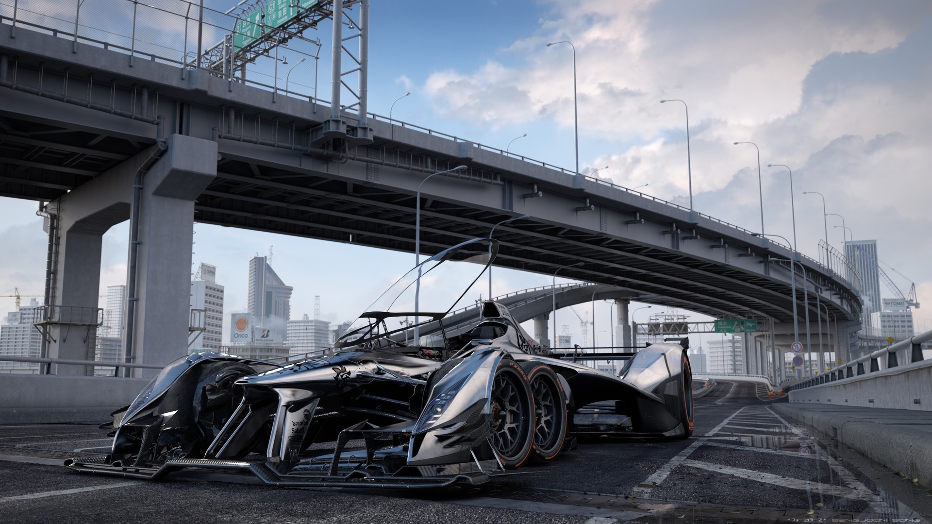 Futuristic car on a highway overpass in a city HD Wallpaper