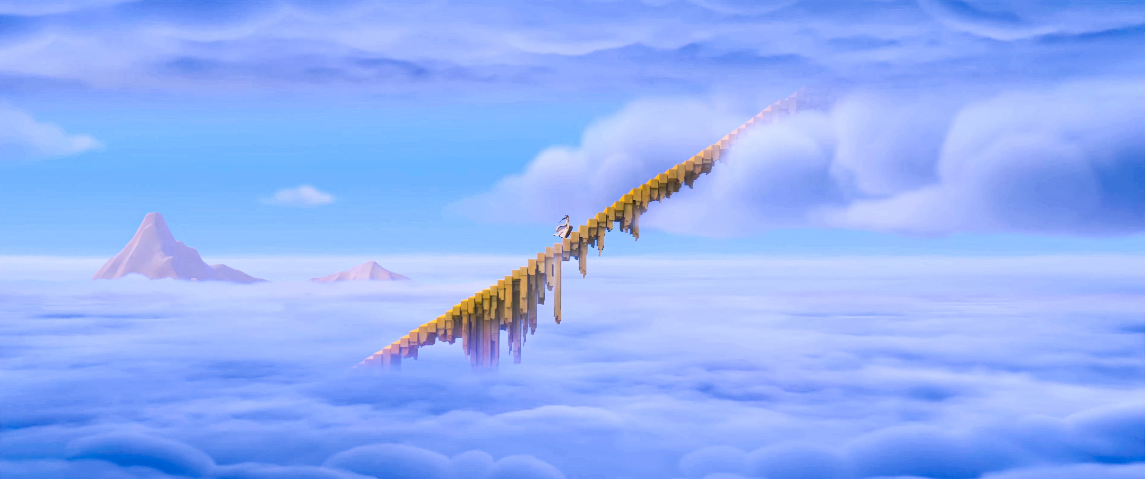 A character walks on a golden bridge in the clouds HD Wallpaper