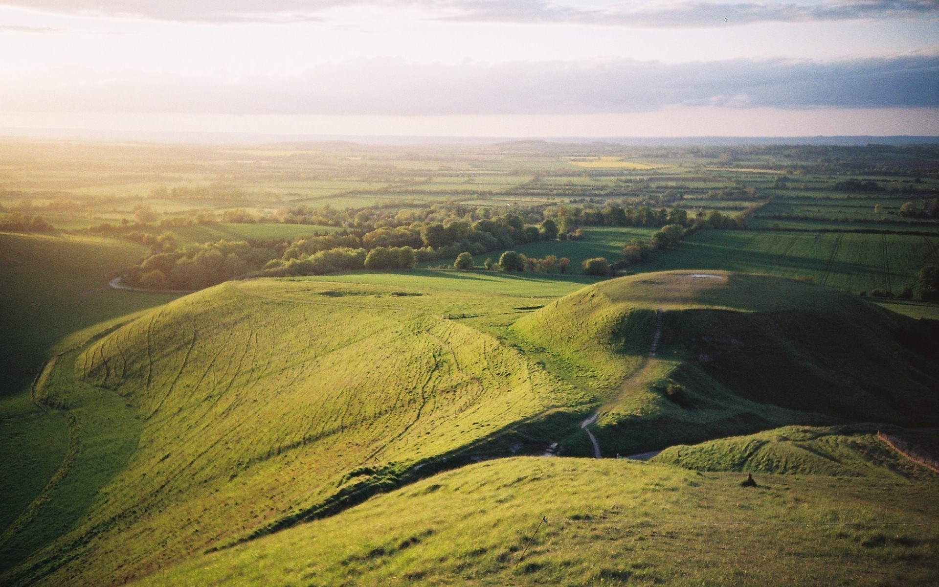 Rolling green hills and fields at sunset HD Wallpaper