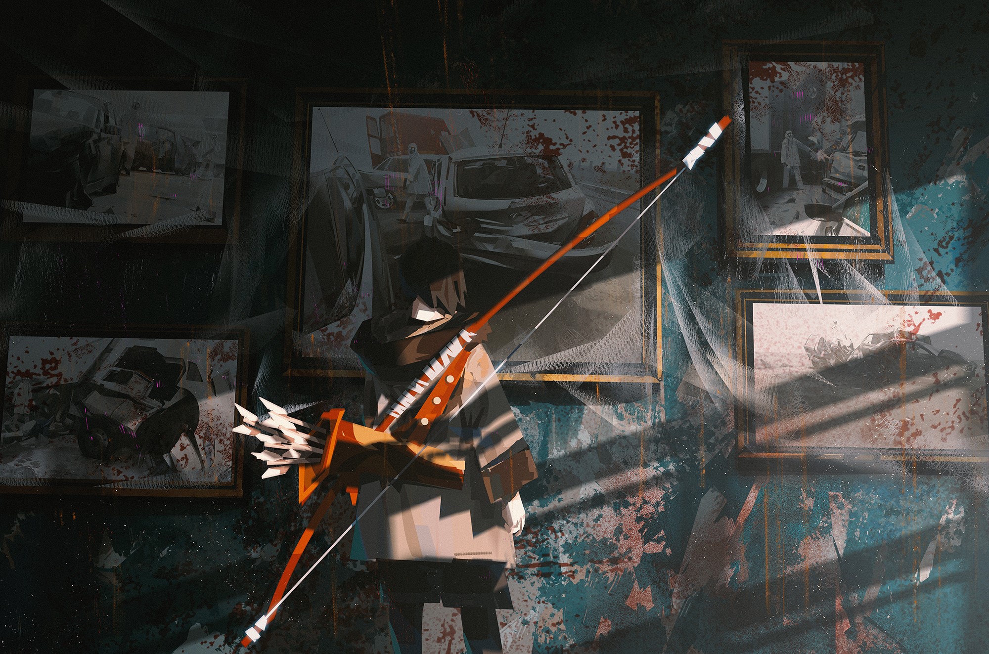 Person with bow and arrow in front of bloody pictures HD Wallpaper