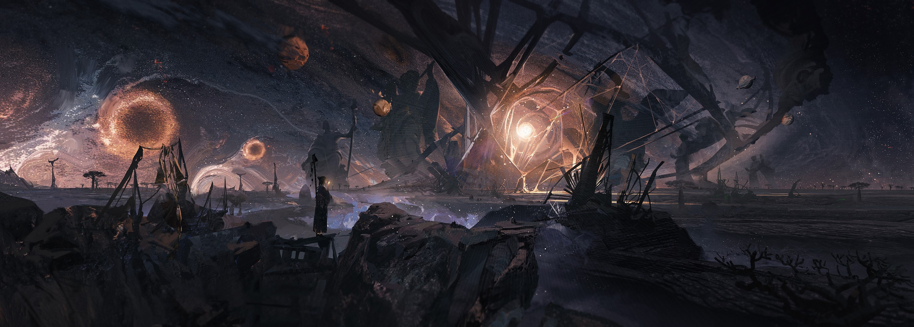 Ying Yi artwork of a surreal alien landscape with glowing portals HD Wallpaper