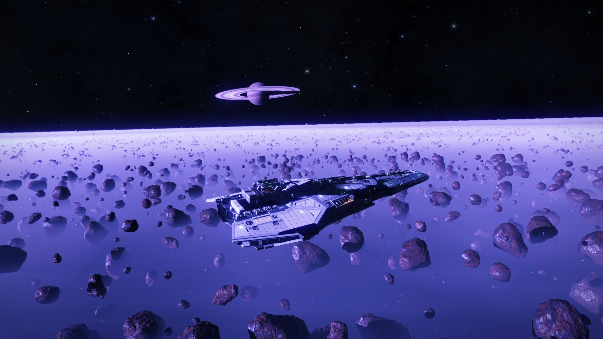 Spaceship in an asteroid field near a ringed planet HD Wallpaper