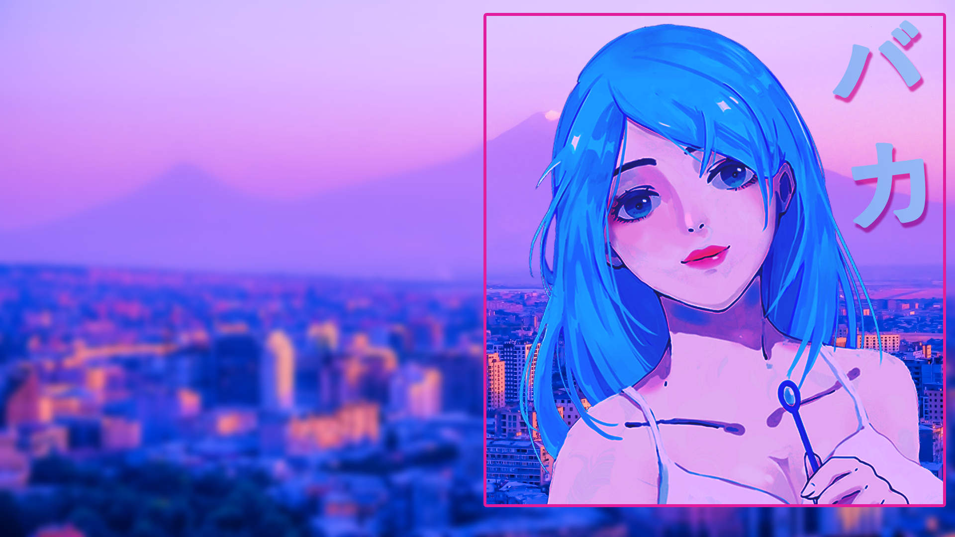 Anime girl with blue hair blowing bubbles over city HD Wallpaper