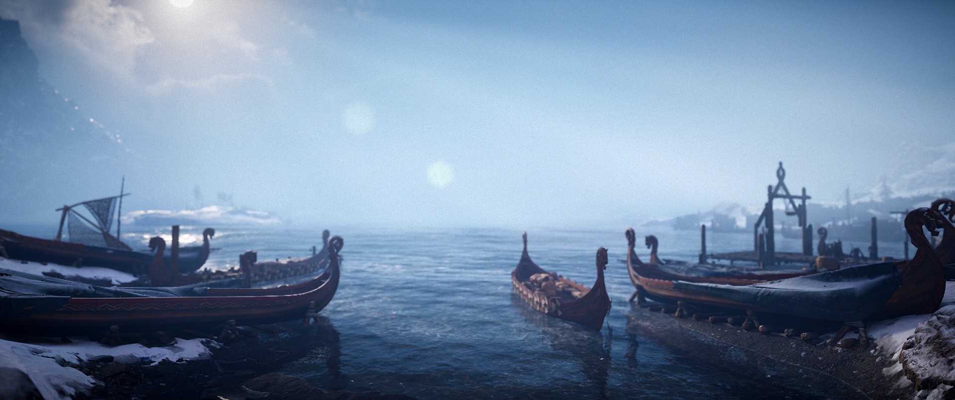 Viking longships docked by a snowy shore in Assassin's Creed: Valhalla HD Wallpaper