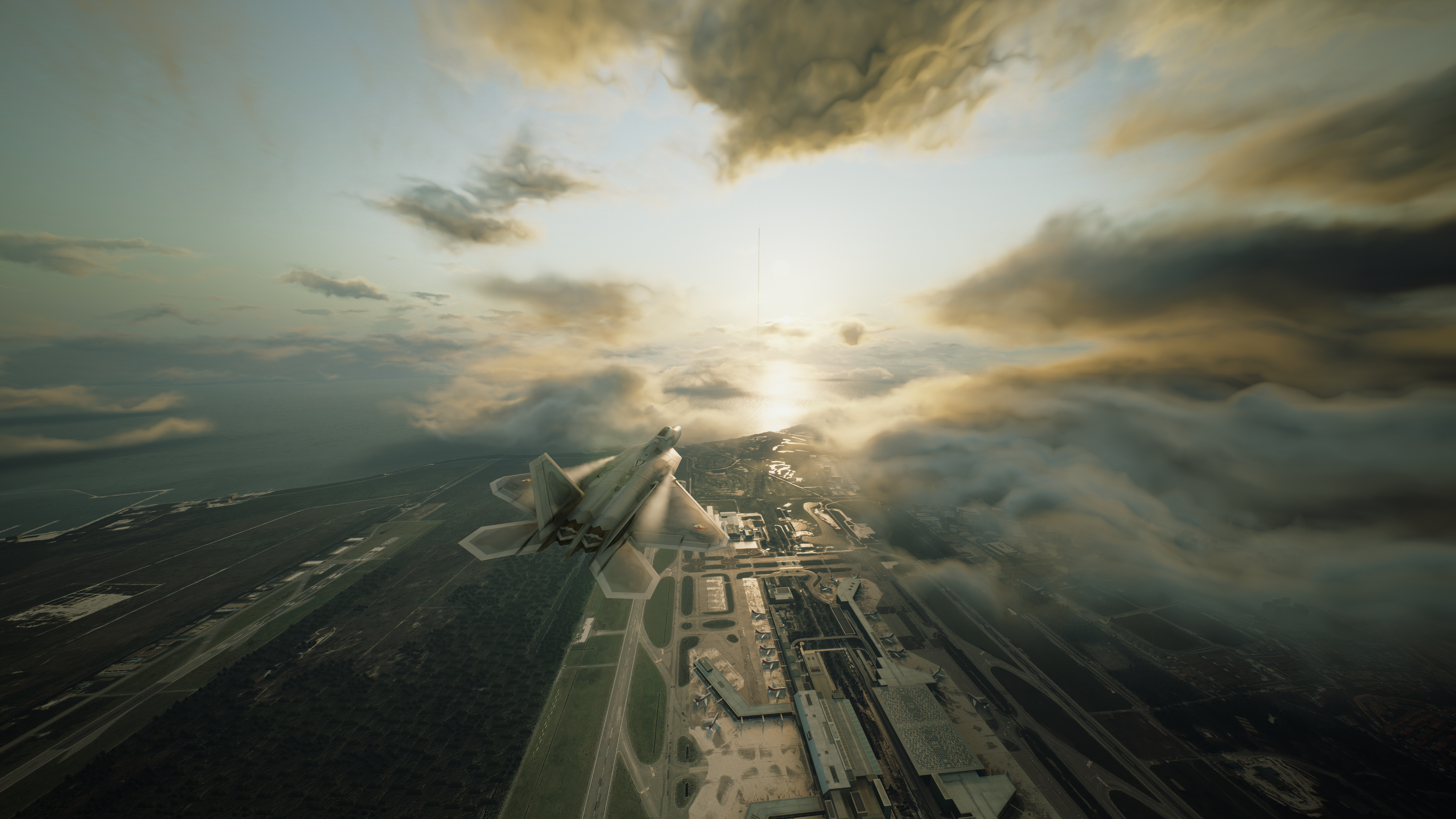 F-22 Raptor from Ace Combat 7 over an airfield HD Wallpaper
