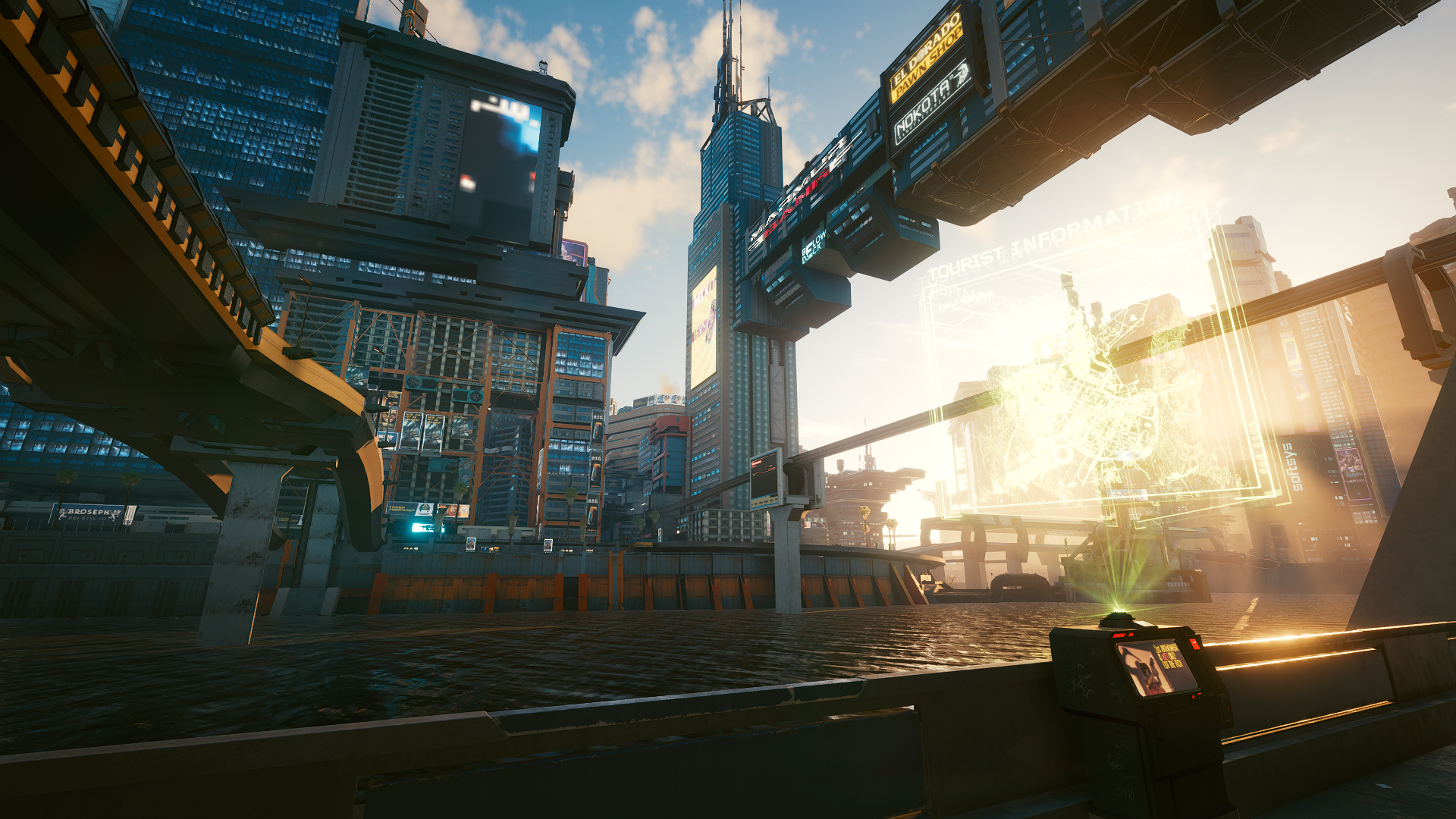 Cyberpunk 2077 futuristic city with holographic map HD Wallpaper