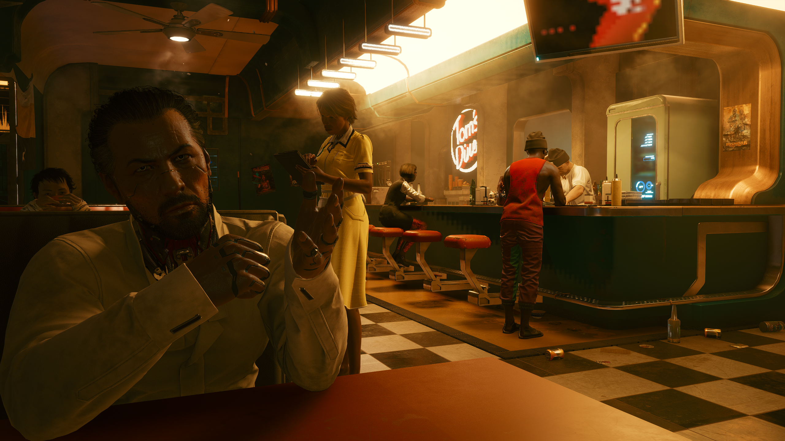 Man in white jacket at Tom's Diner in Cyberpunk 2077 HD Wallpaper