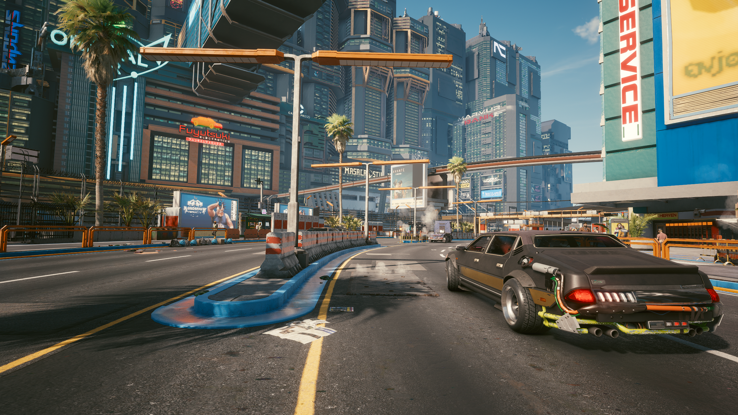 Cyberpunk 2077 screenshot of a futuristic city street HD Wallpaper