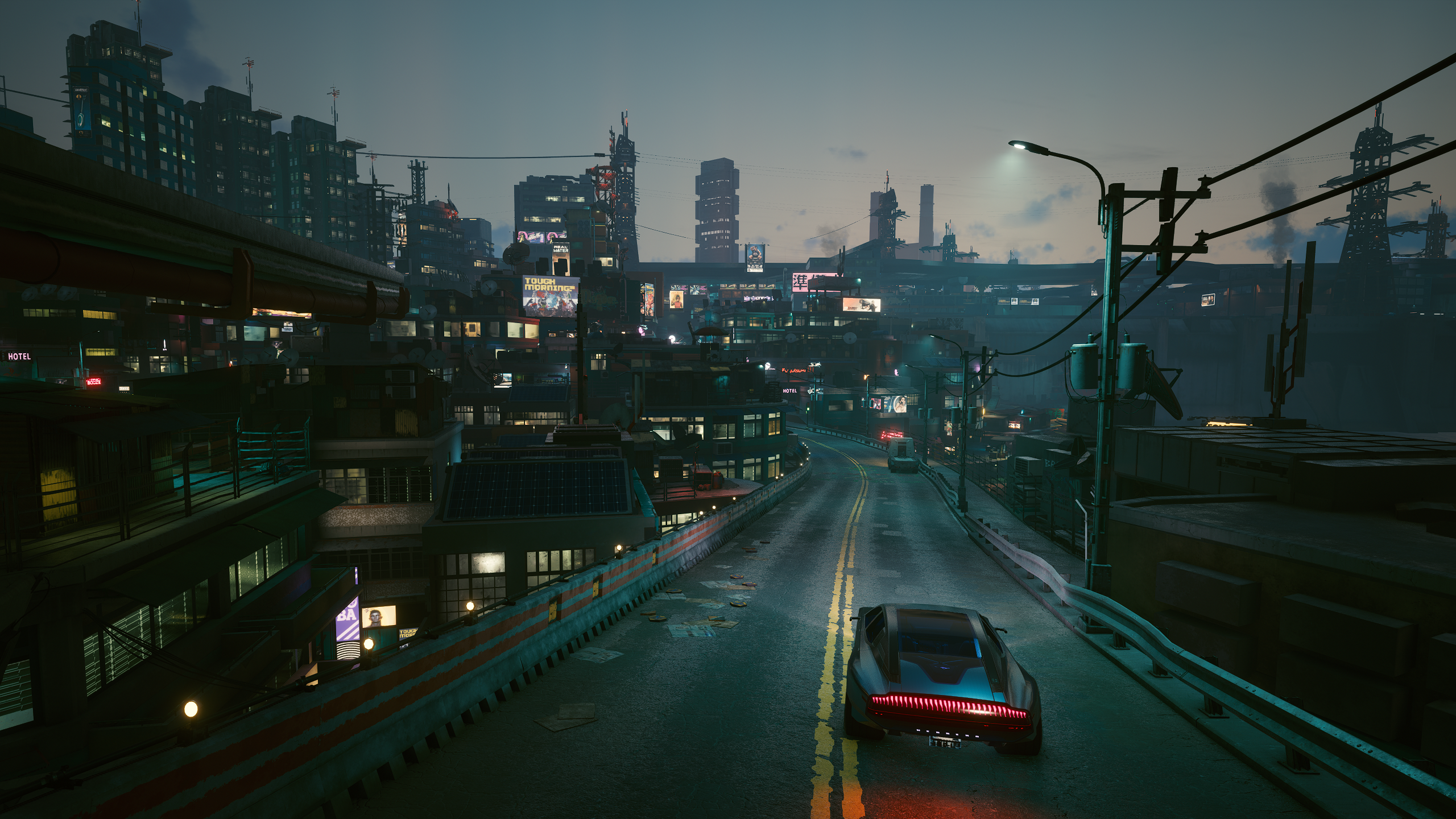 Cyberpunk 2077 screenshot of a futuristic city at dusk HD Wallpaper