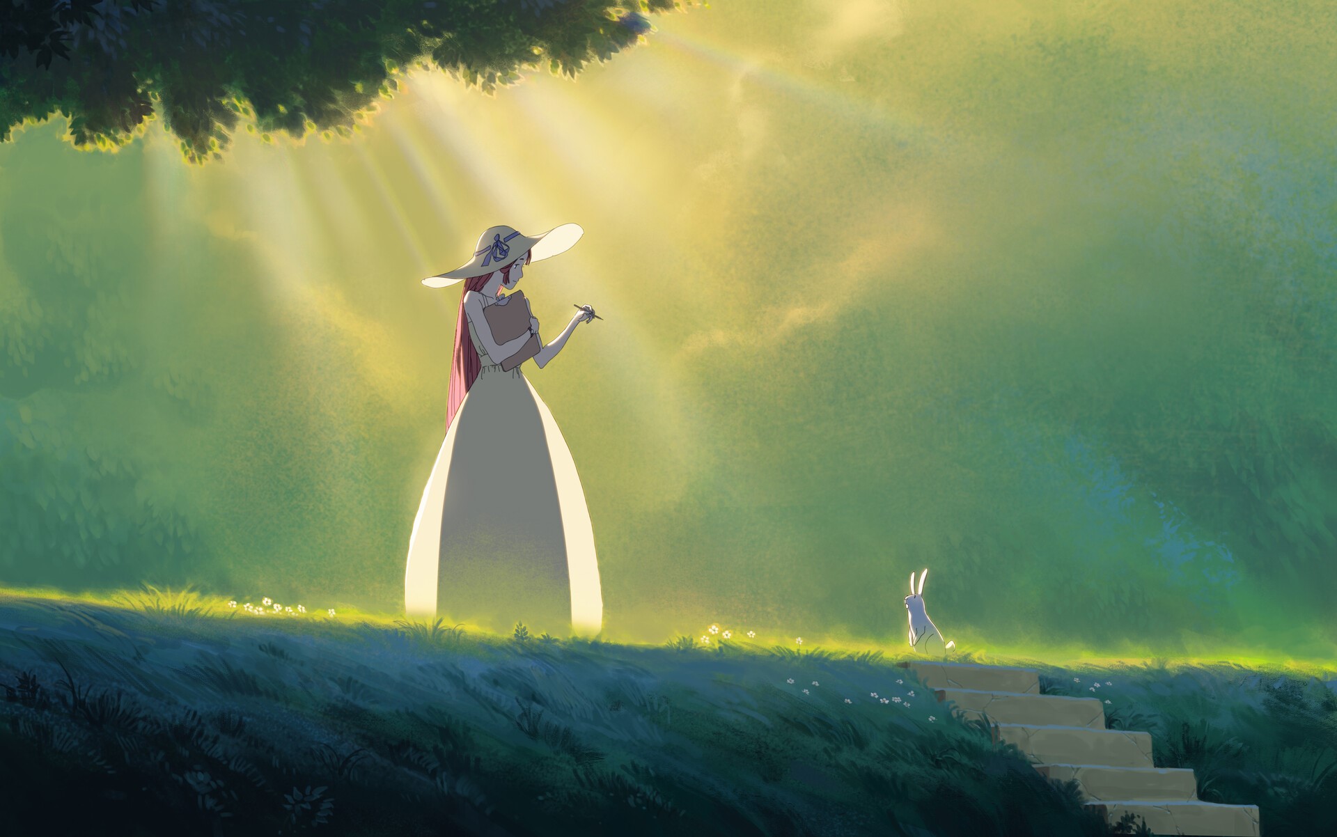 Redhead girl in white dress drawing with sun rays and rabbit HD Wallpaper
