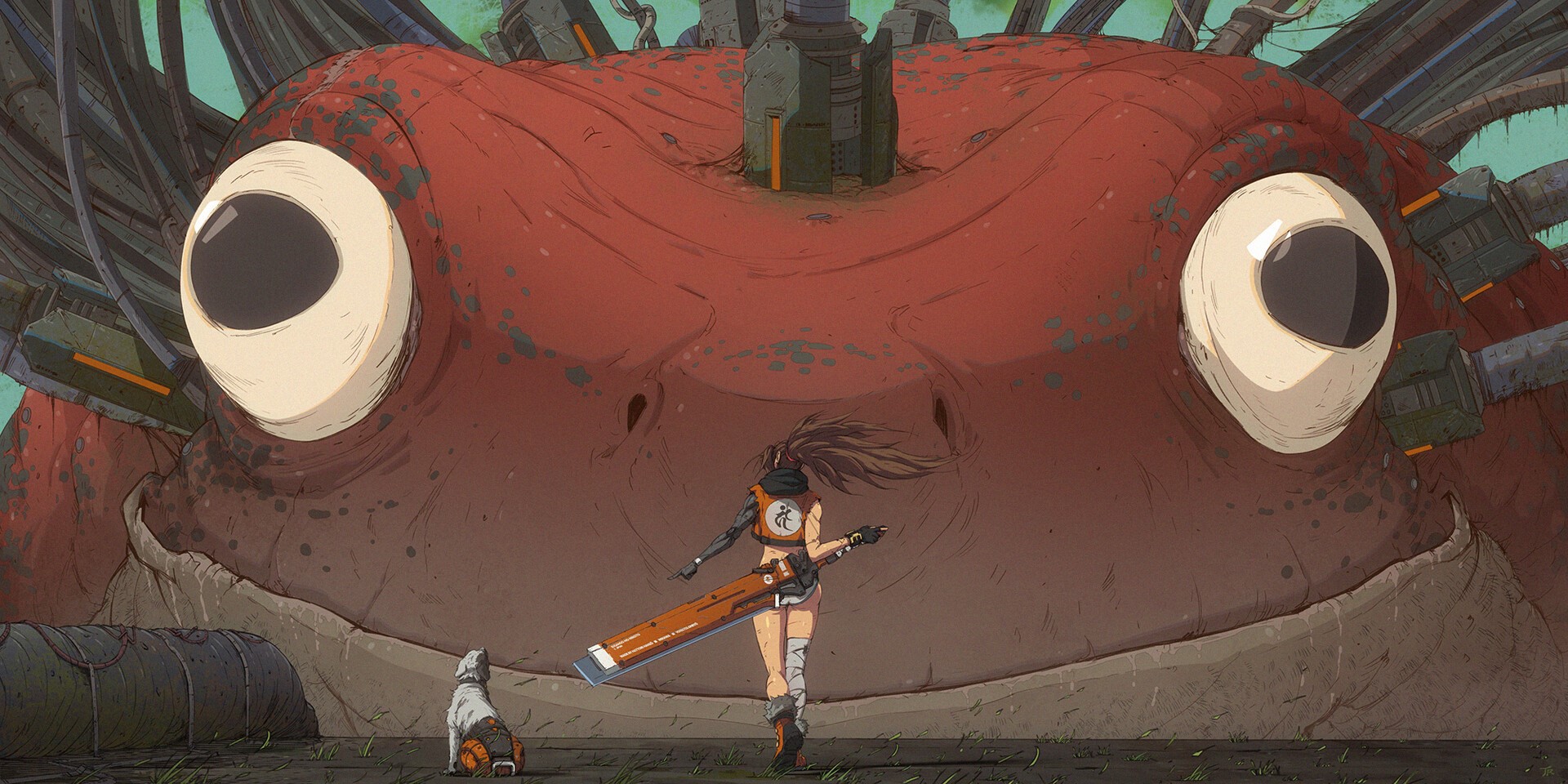 Girl with sword and dog facing giant frog creature HD Wallpaper