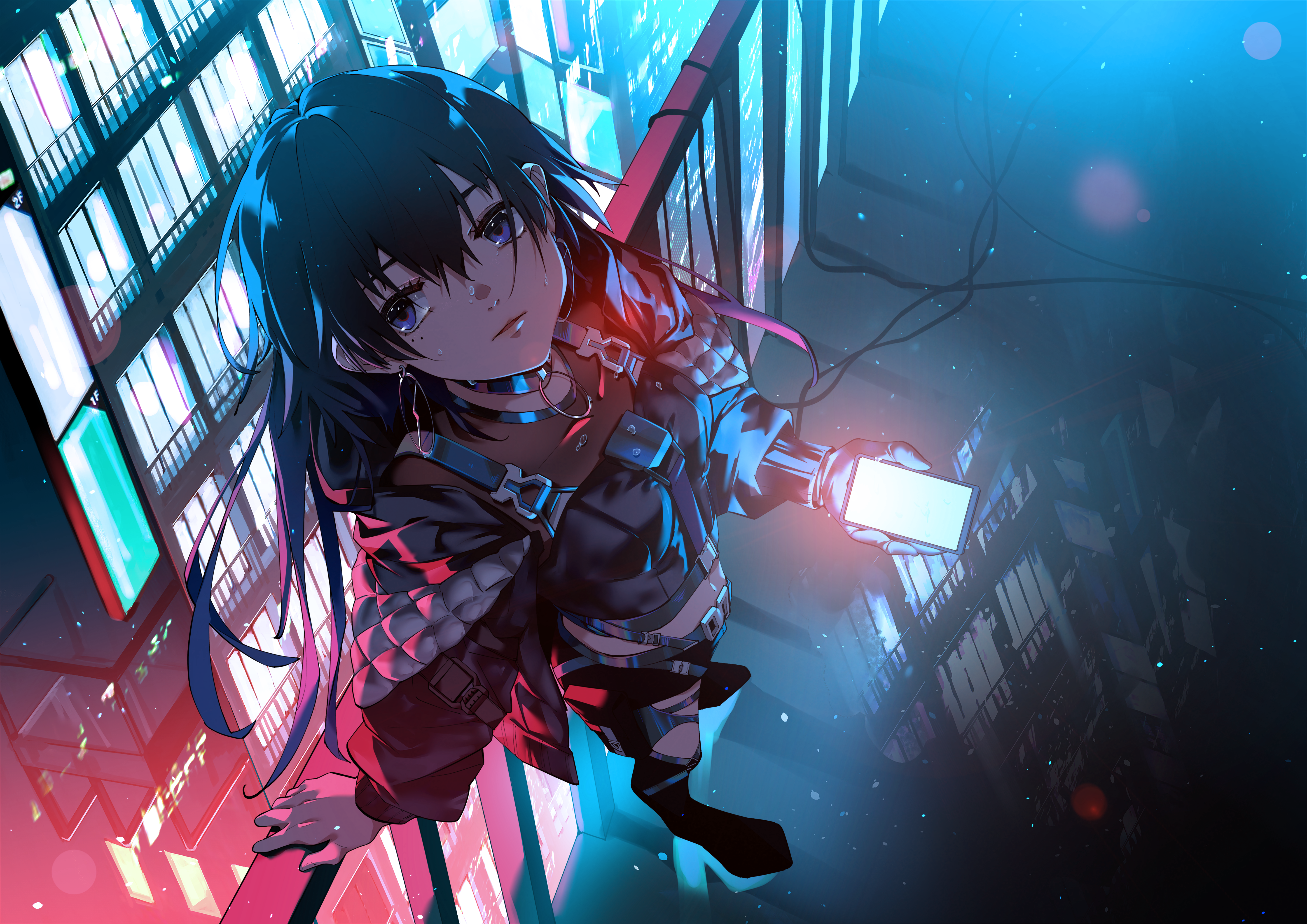 Anime girl with phone in city lights HD Wallpaper