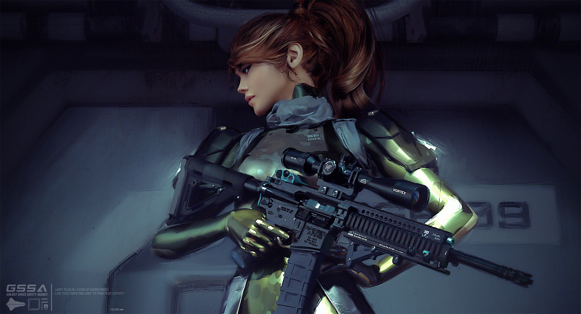 Woman in futuristic armor holding a rifle HD Wallpaper
