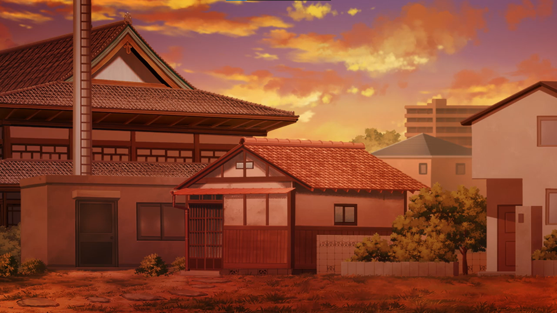 Anime suburban neighborhood at sunset HD Wallpaper