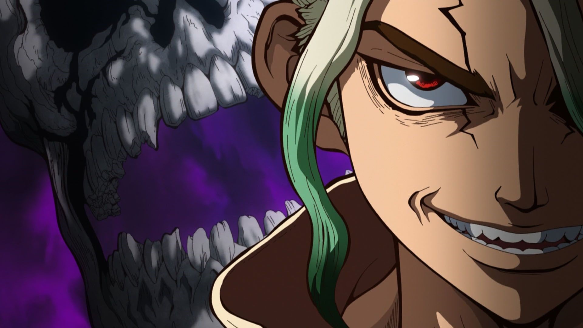 Senkuu Ishigami from Dr. Stone with a skull background HD Wallpaper