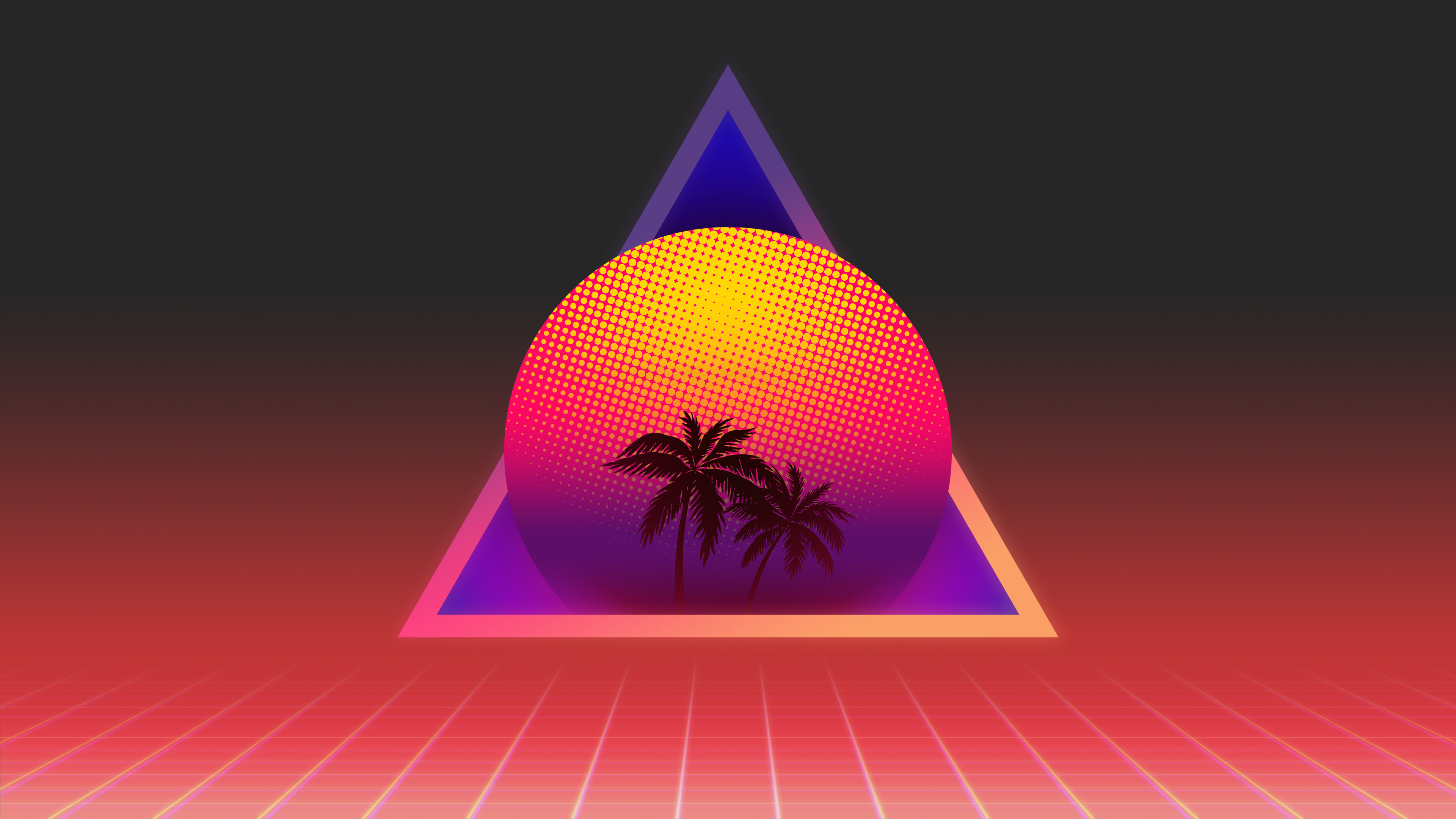 Retrowave Sunset with Palm Trees and Grid HD Wallpaper