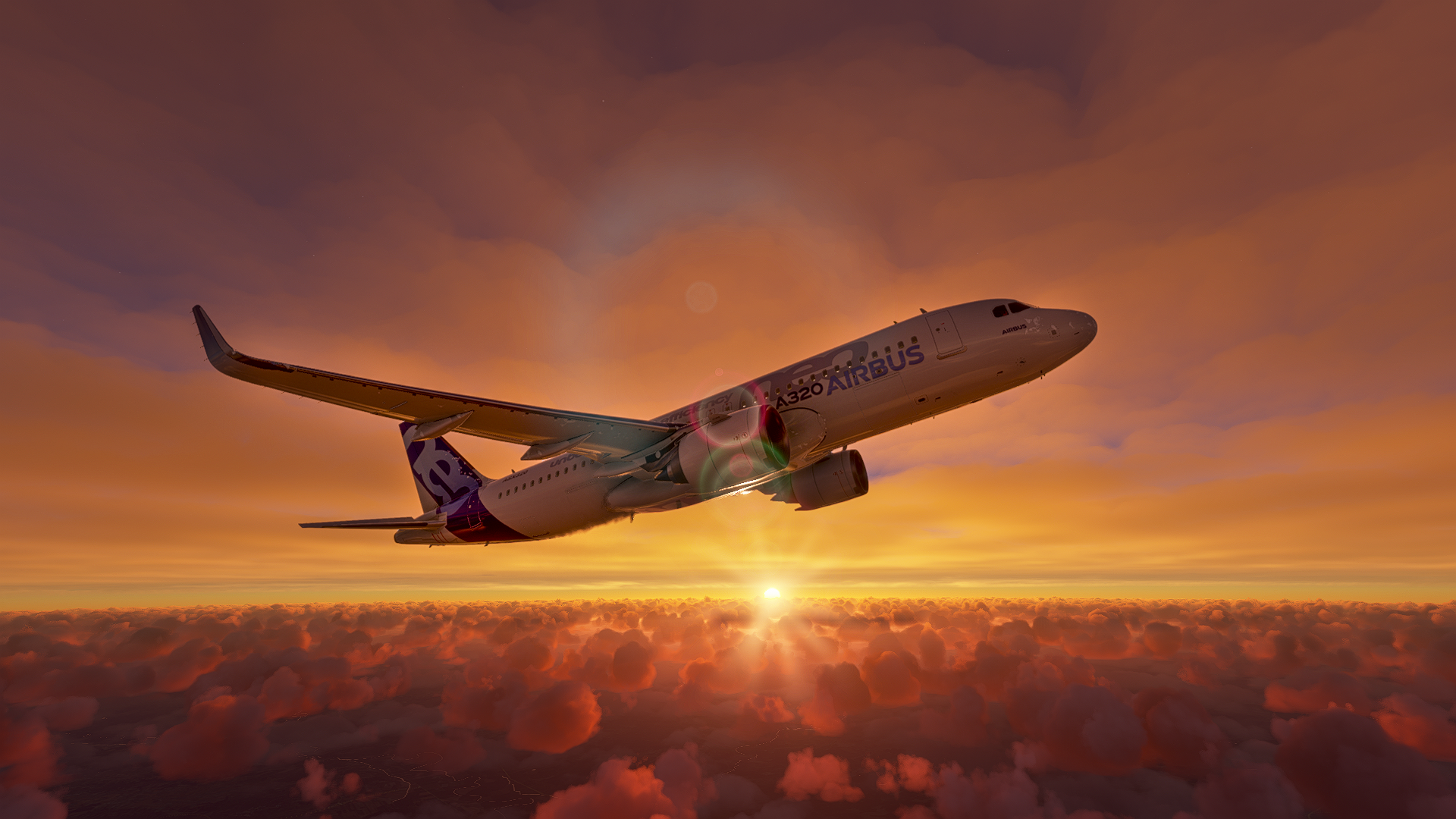 Airbus A320 in Microsoft Flight Simulator during sunset HD Wallpaper