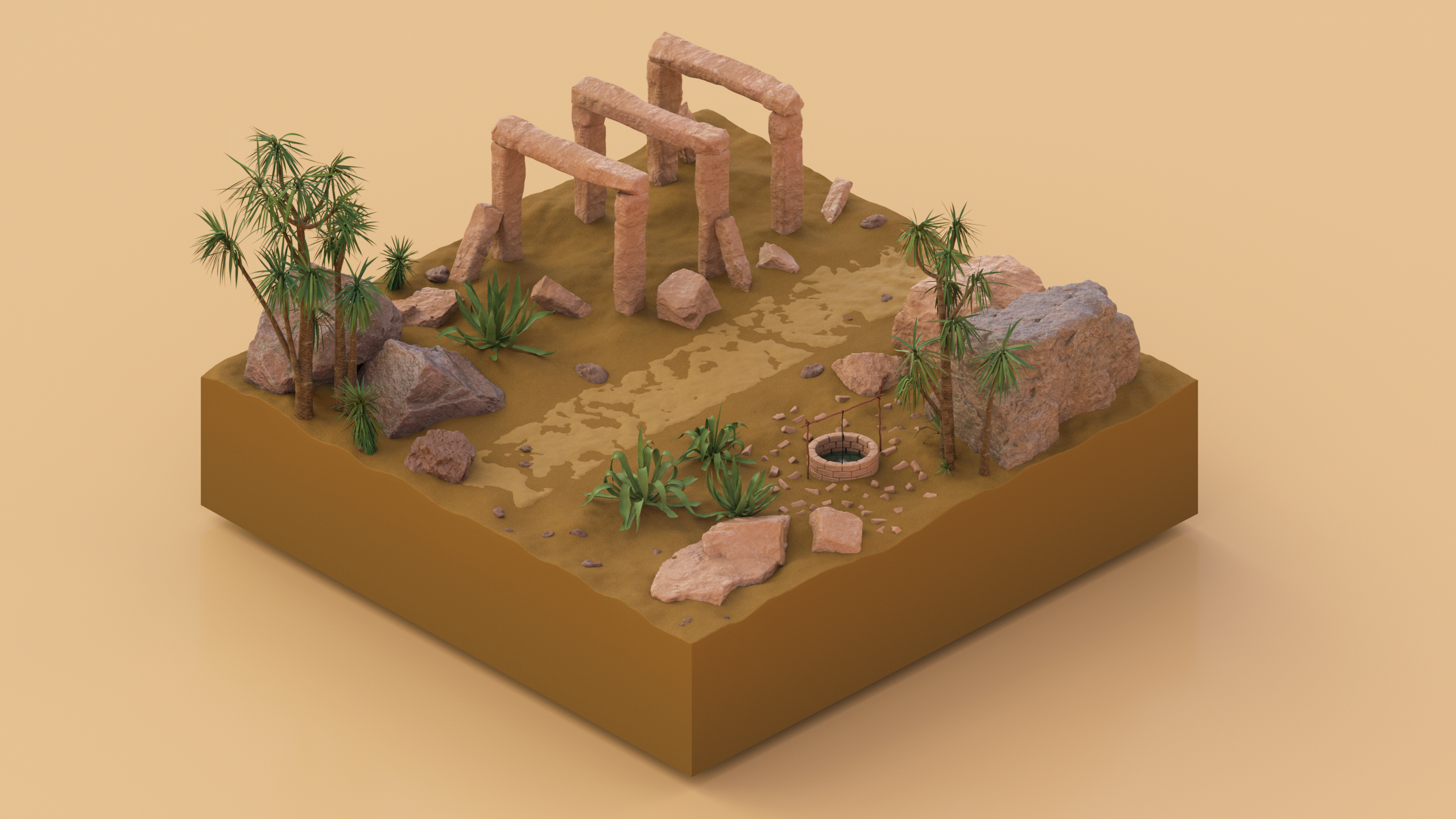 Desert ruins diorama with sandstone arches and palm trees HD Wallpaper