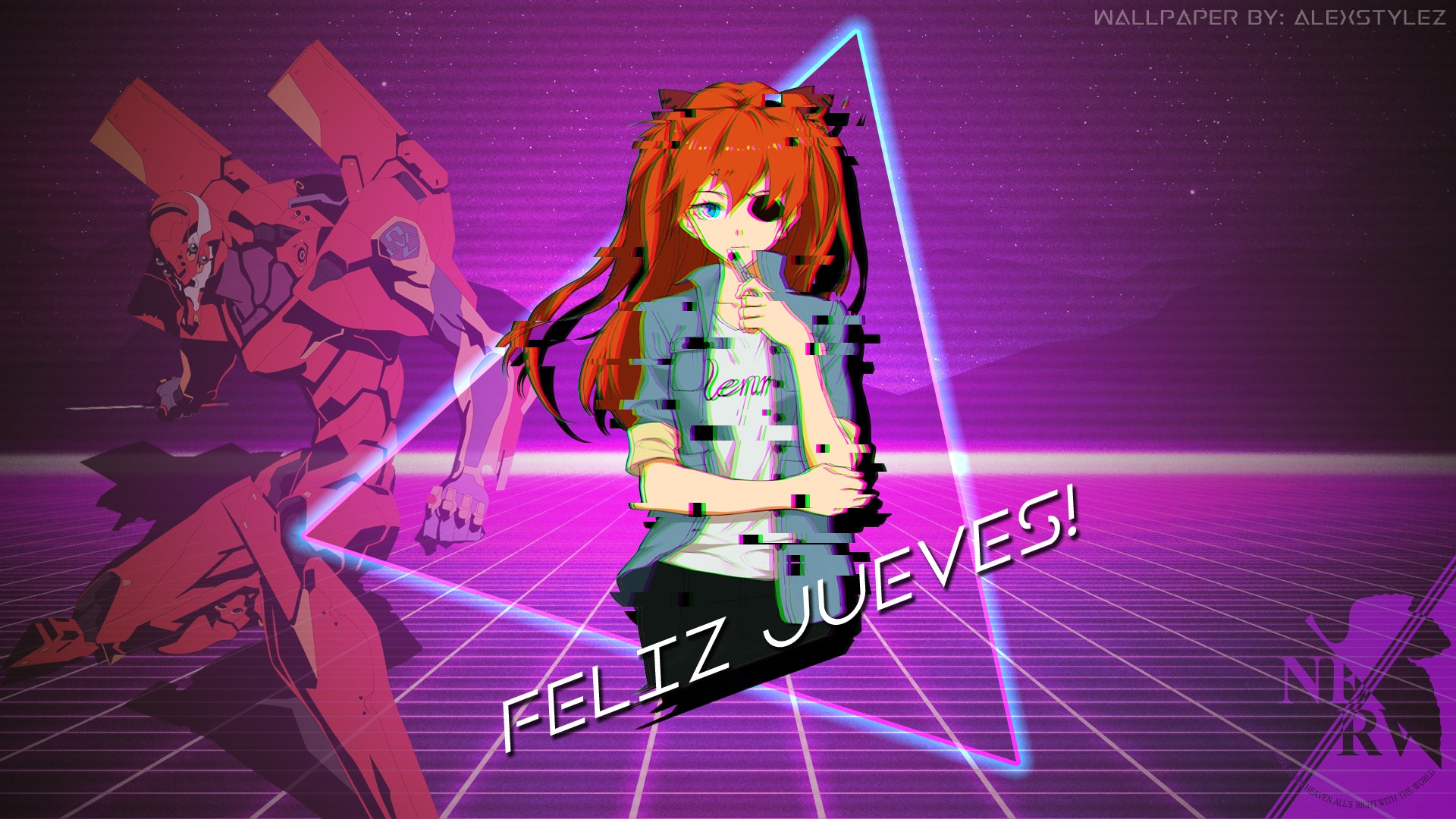 Asuka Langley Soryu and Evangelion Unit-02 in Retrowave Style HD Wallpaper