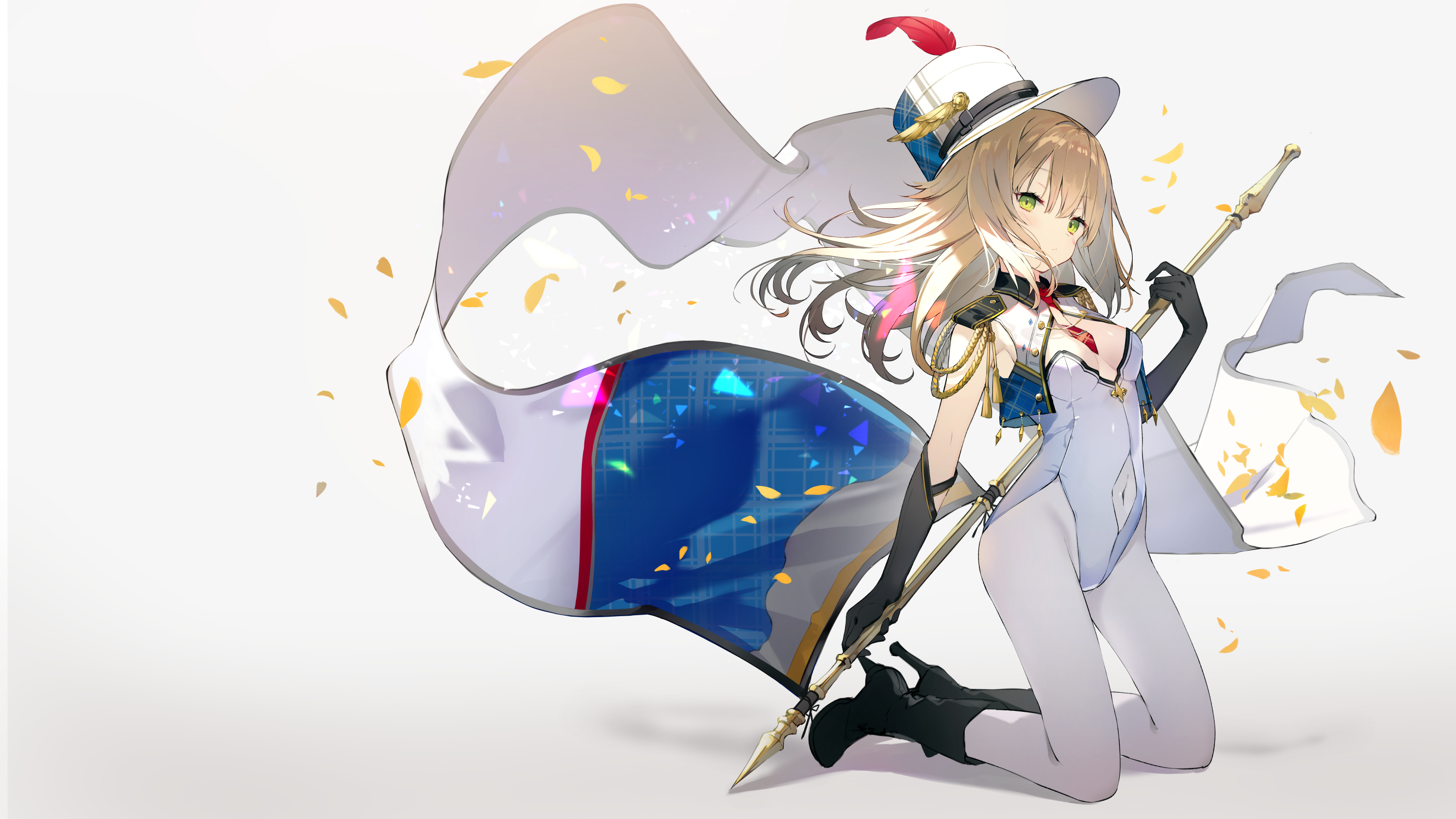 Anime girl with blonde hair and green eyes holding a spear HD Wallpaper