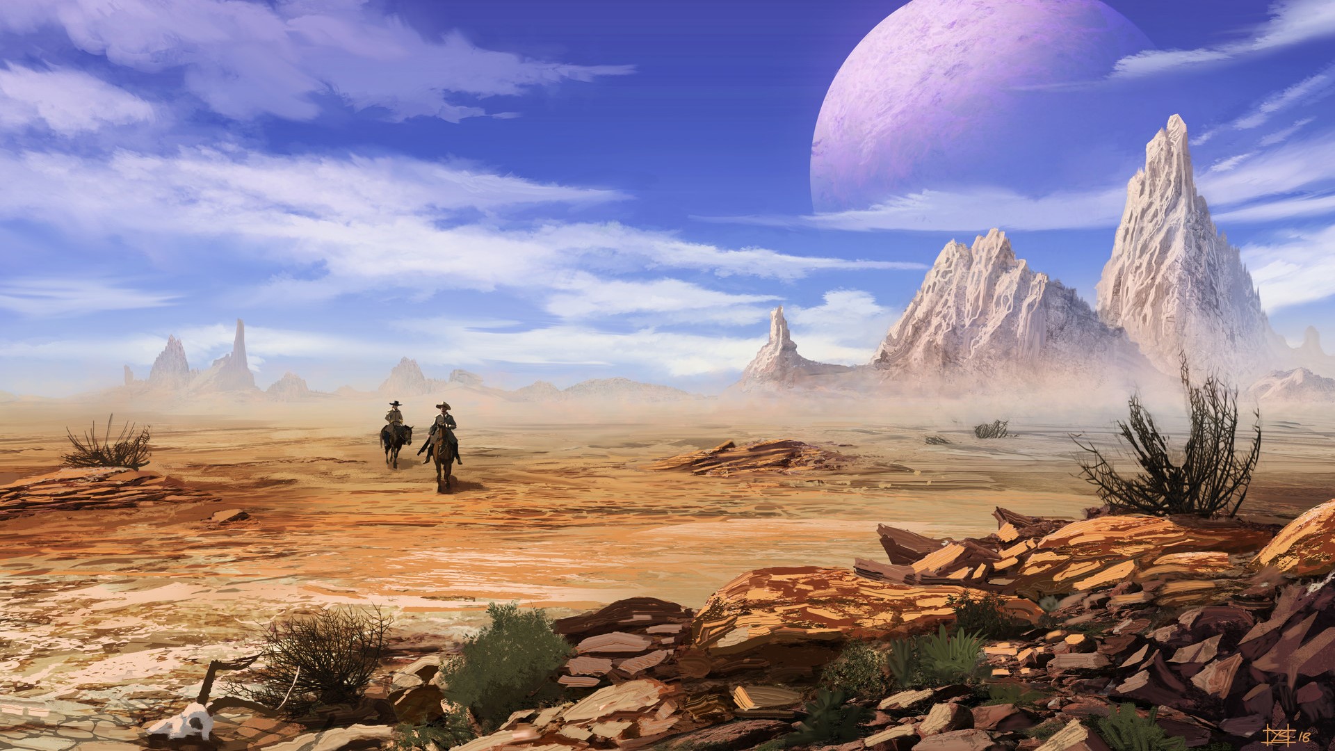 Cowboys on horseback in a desert landscape with a large planet in the sky HD Wallpaper