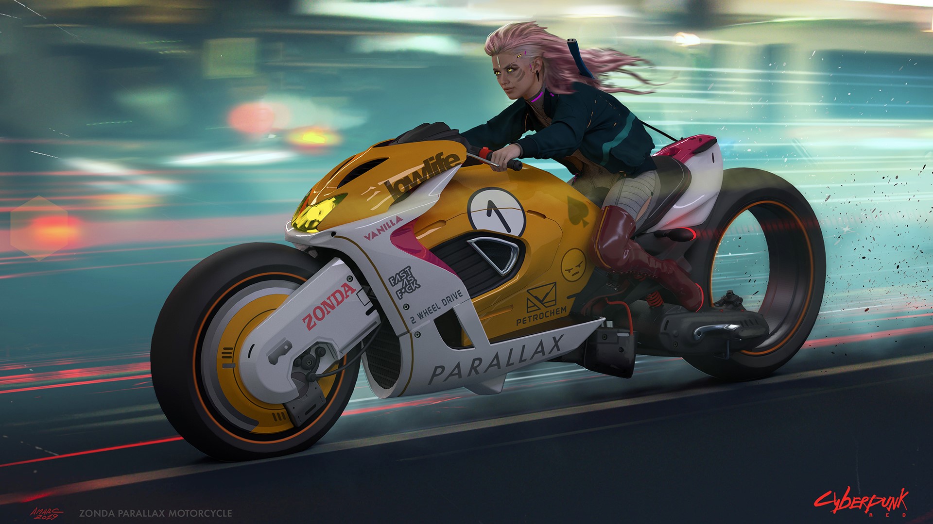 Woman riding a Zonda Parallax motorcycle in Cyberpunk 2077 HD Wallpaper