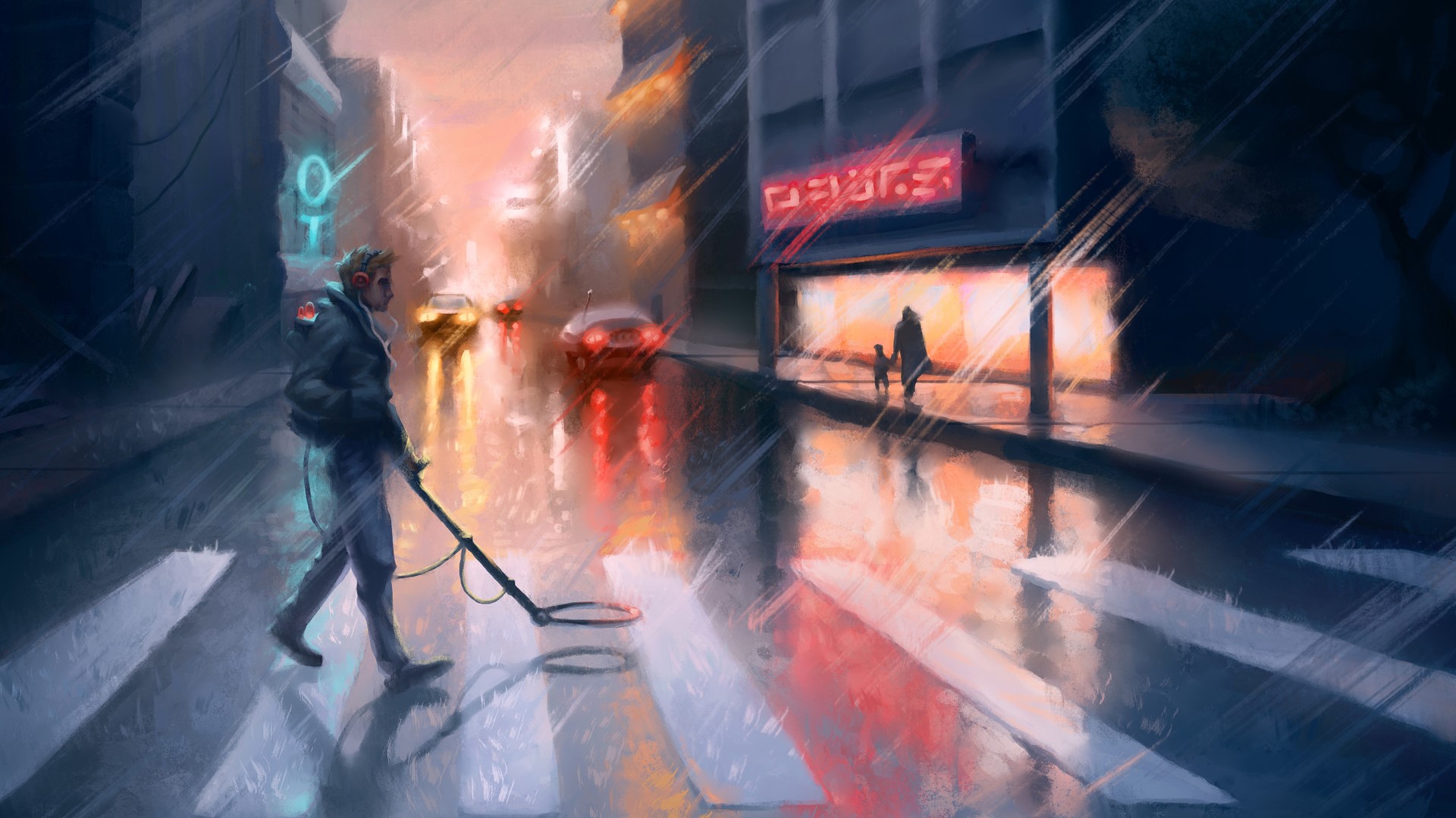 Man with metal detector on rainy city street HD Wallpaper