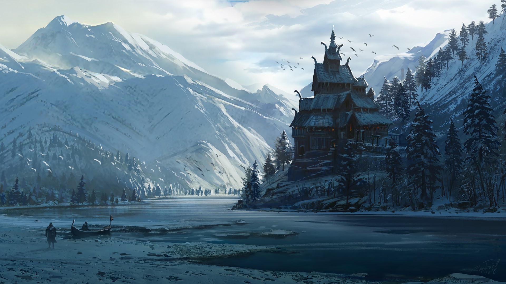 Viking settlement in a snowy mountain landscape HD Wallpaper