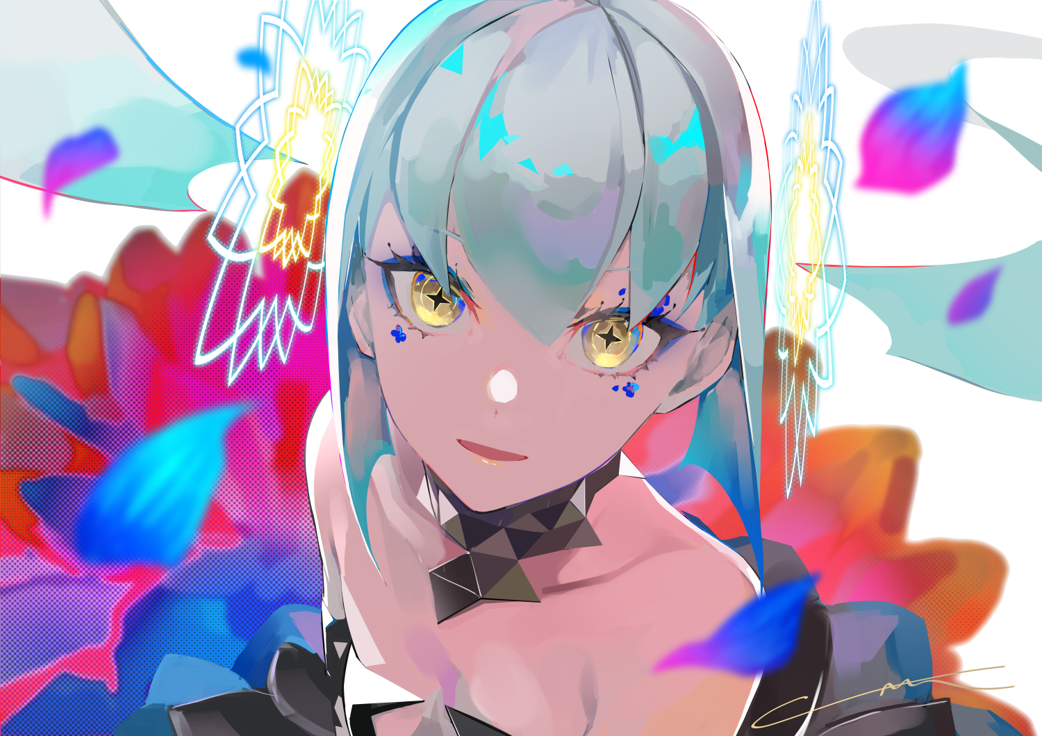 Anime girl with yellow eyes and blue hair HD Wallpaper