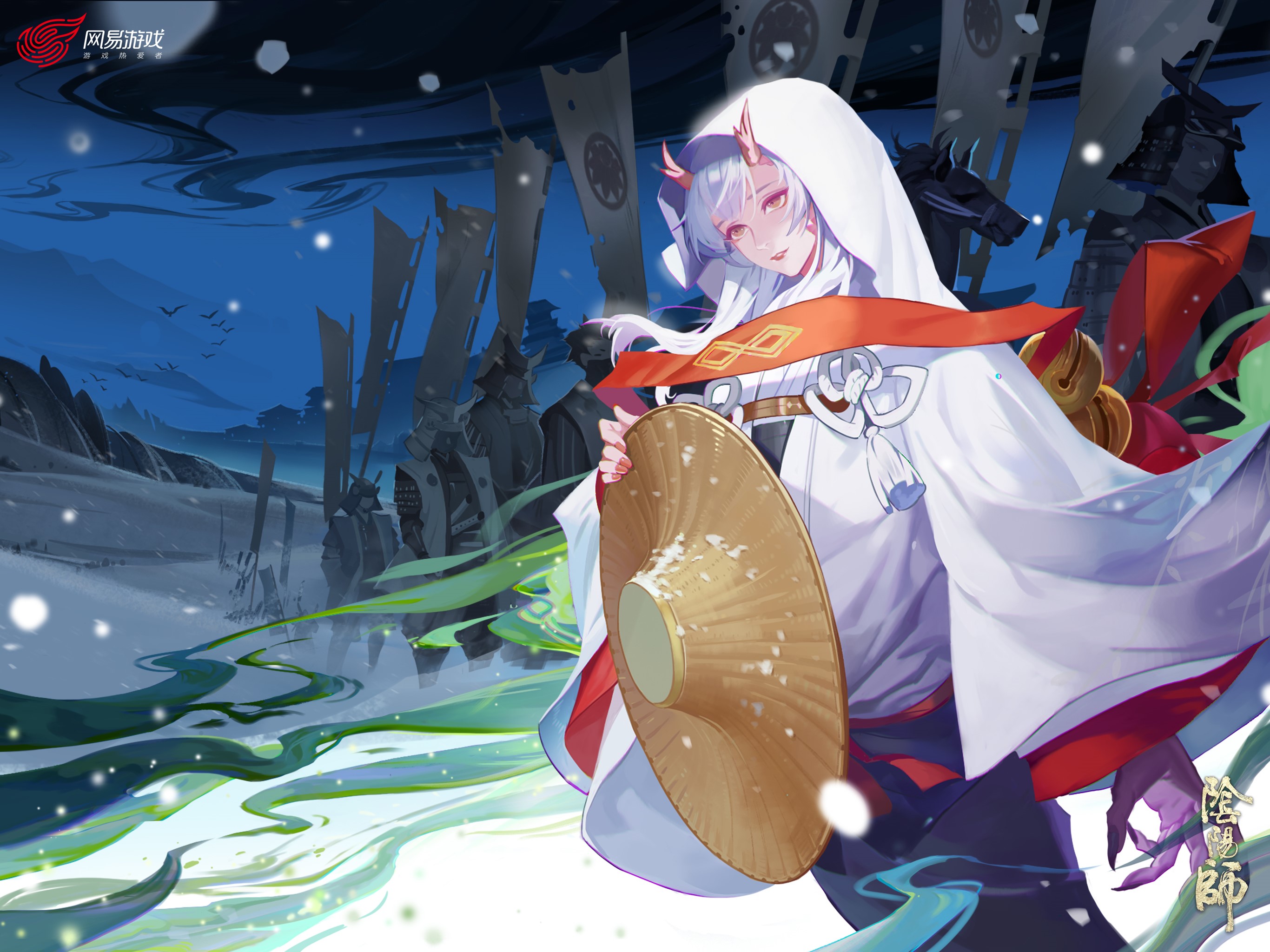 Anime girl with horns from Onmyoji holding a straw hat HD Wallpaper