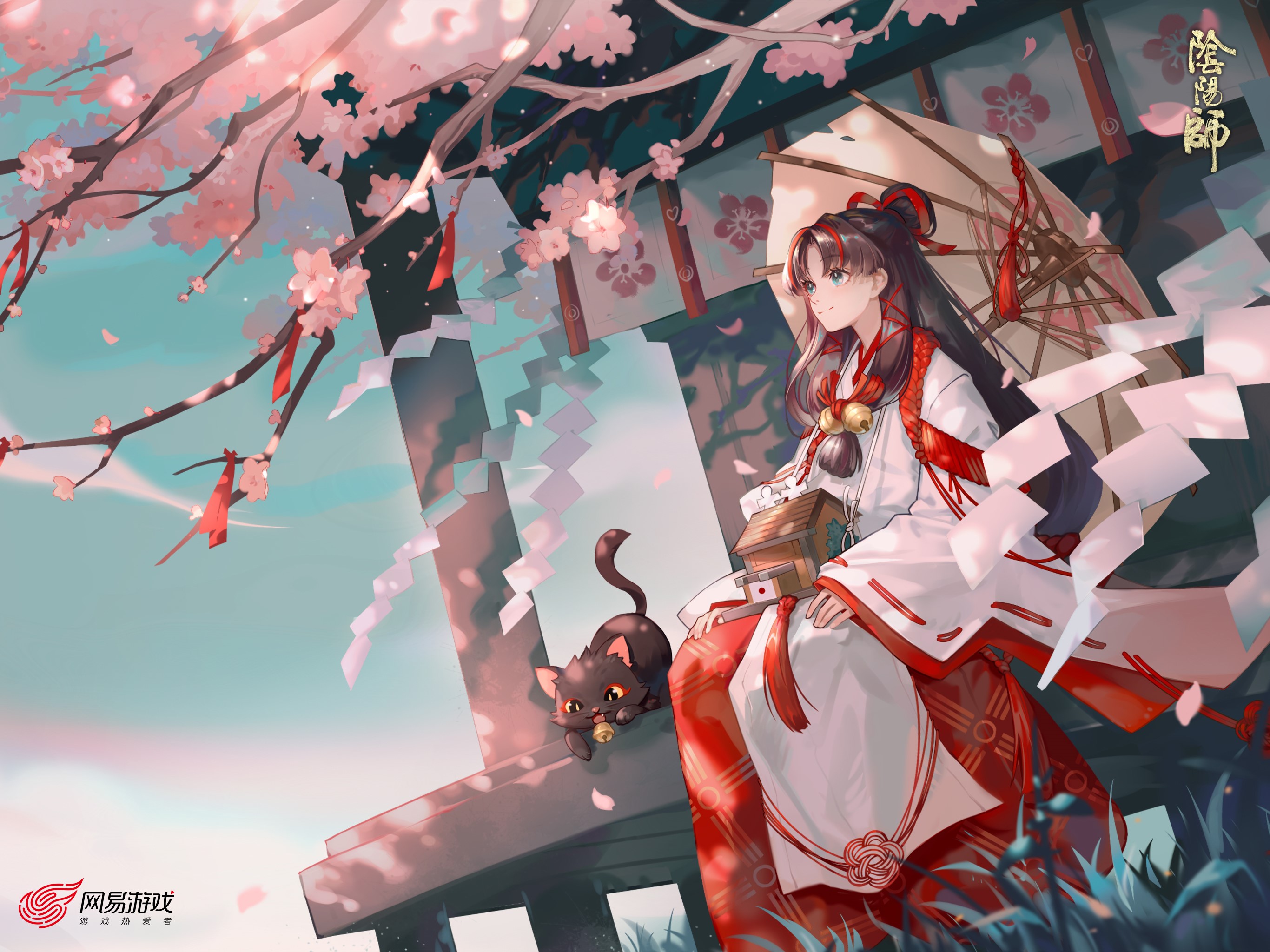 Anime girl with umbrella and cat from Onmyoji HD Wallpaper
