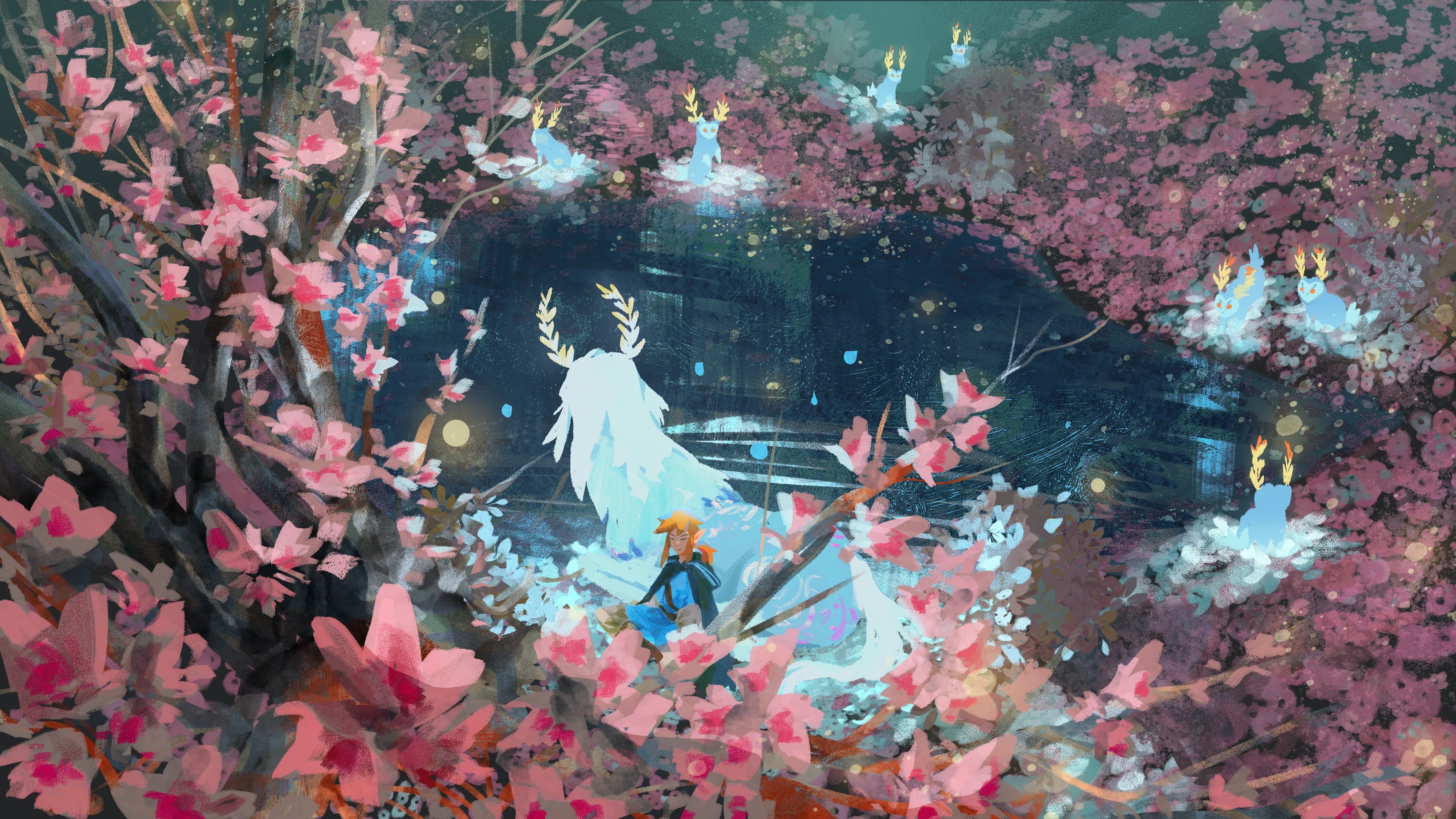 Link from The Legend of Zelda with a spirit in a cherry blossom forest HD Wallpaper