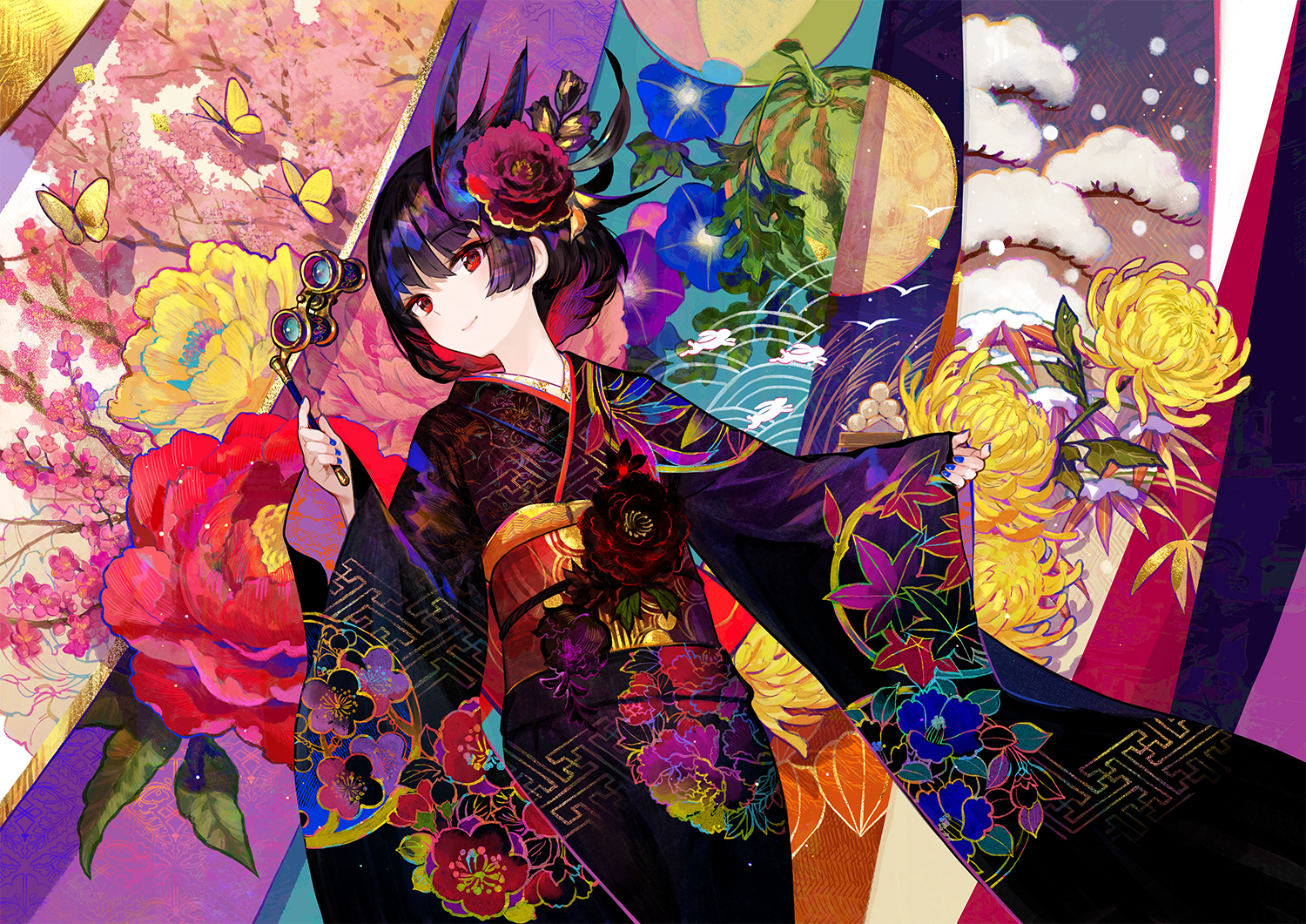 Anime girl in kimono with flowers and butterflies HD Wallpaper