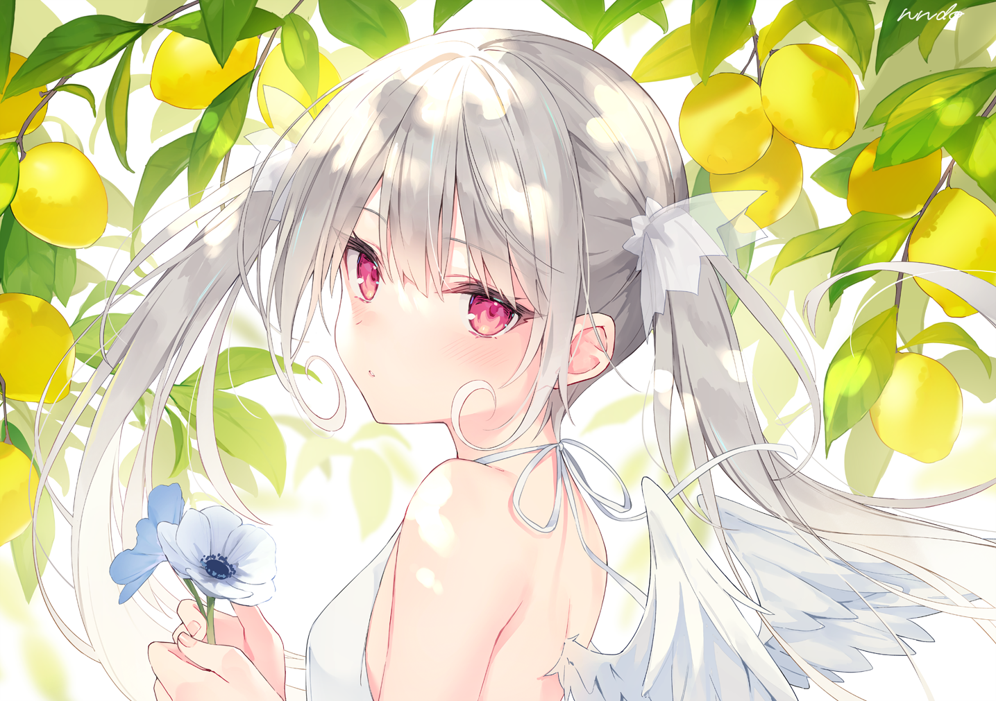 Anime girl with silver twintails and wings holding flowers HD Wallpaper