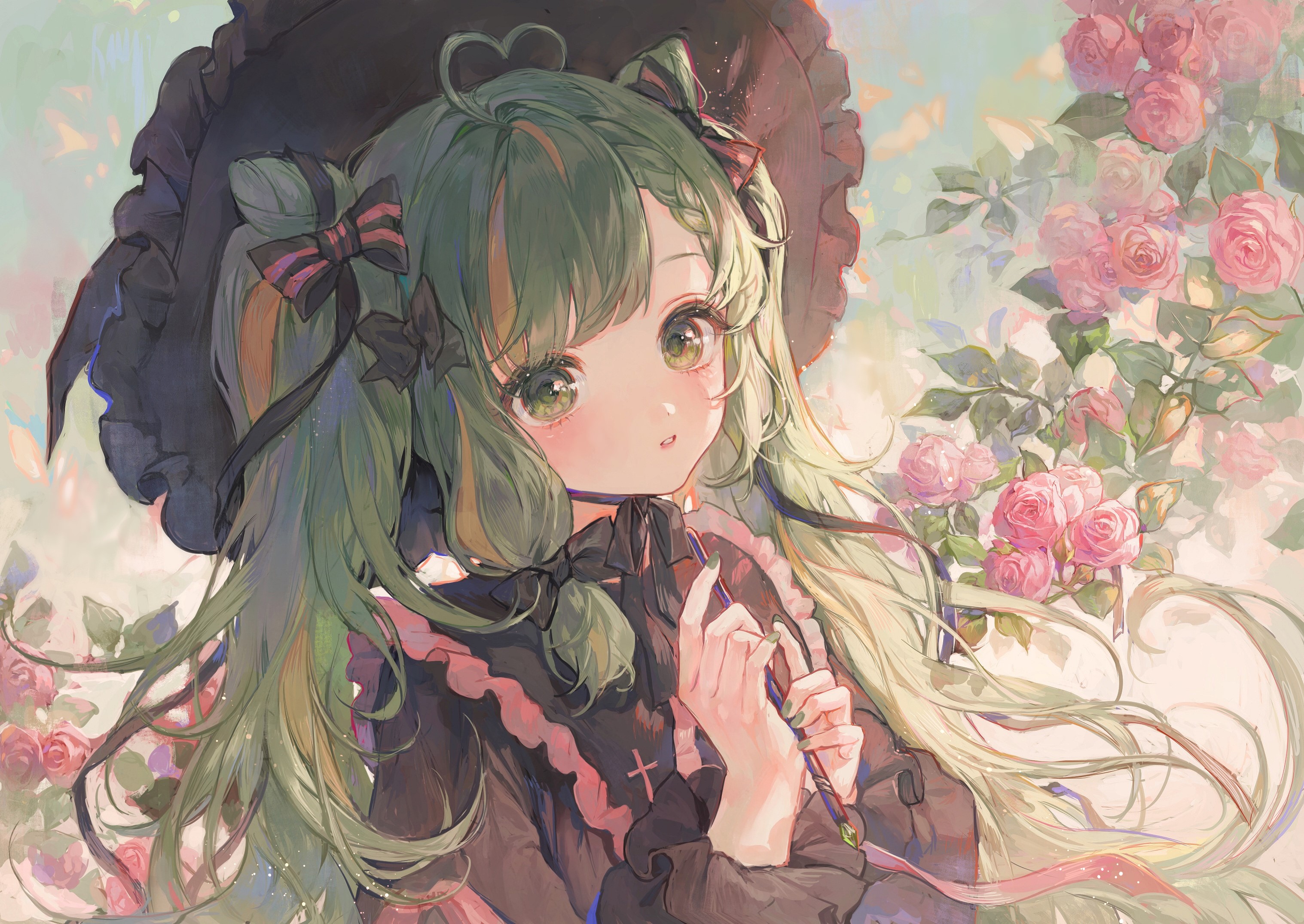 Anime girl with green hair and eyes, wearing a gothic lolita dress and hat HD Wallpaper