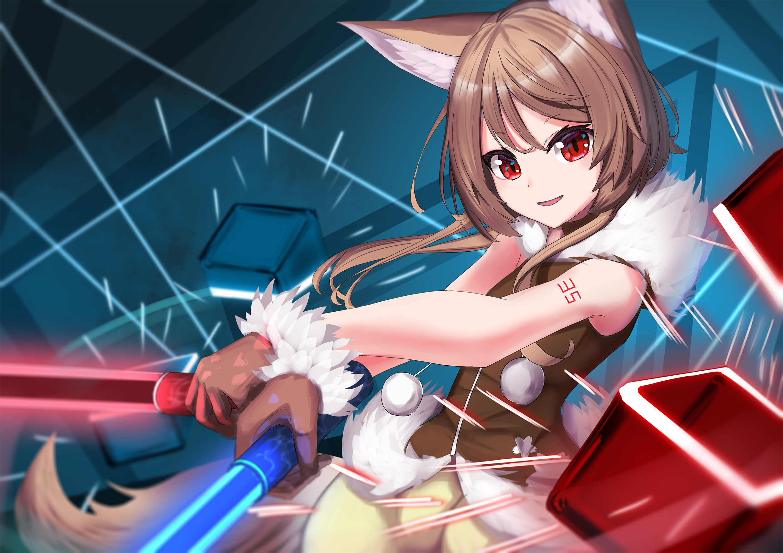 Anime girl with animal ears playing Beat Saber HD Wallpaper